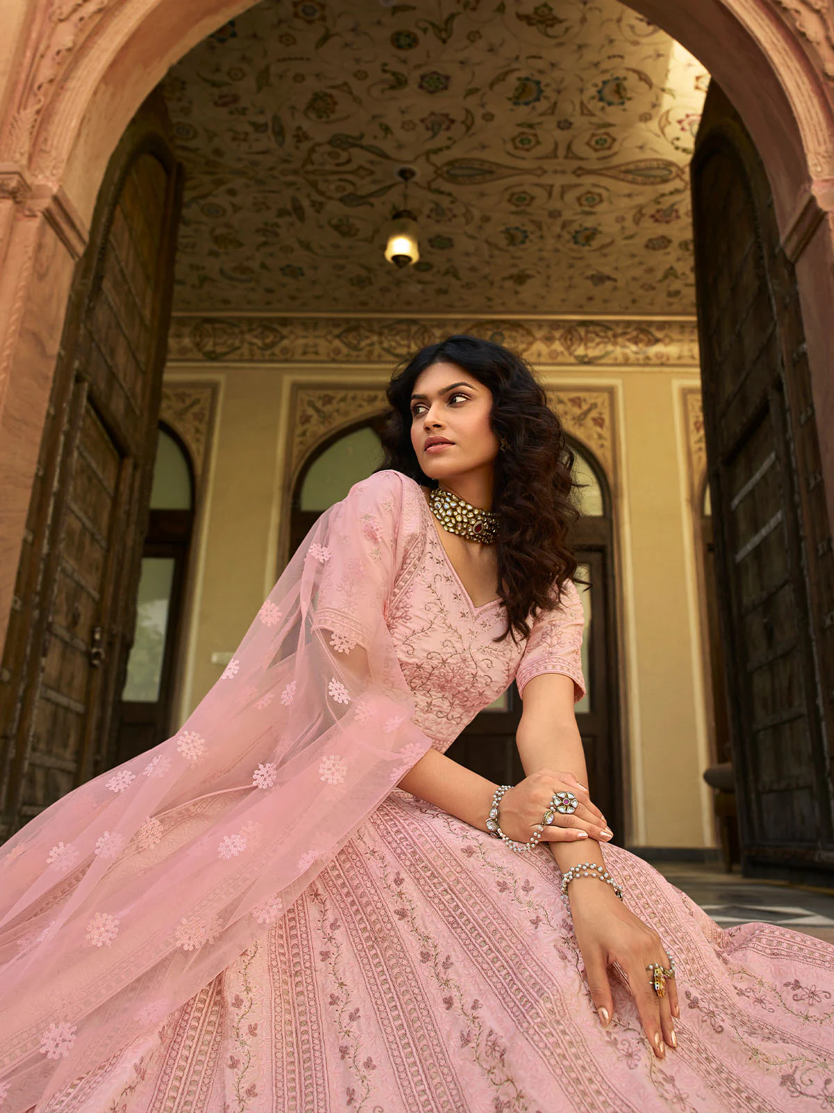 Odette Pink Embroidered Organza Semi Stitched Lehenga With Blouse For Women - Image 3