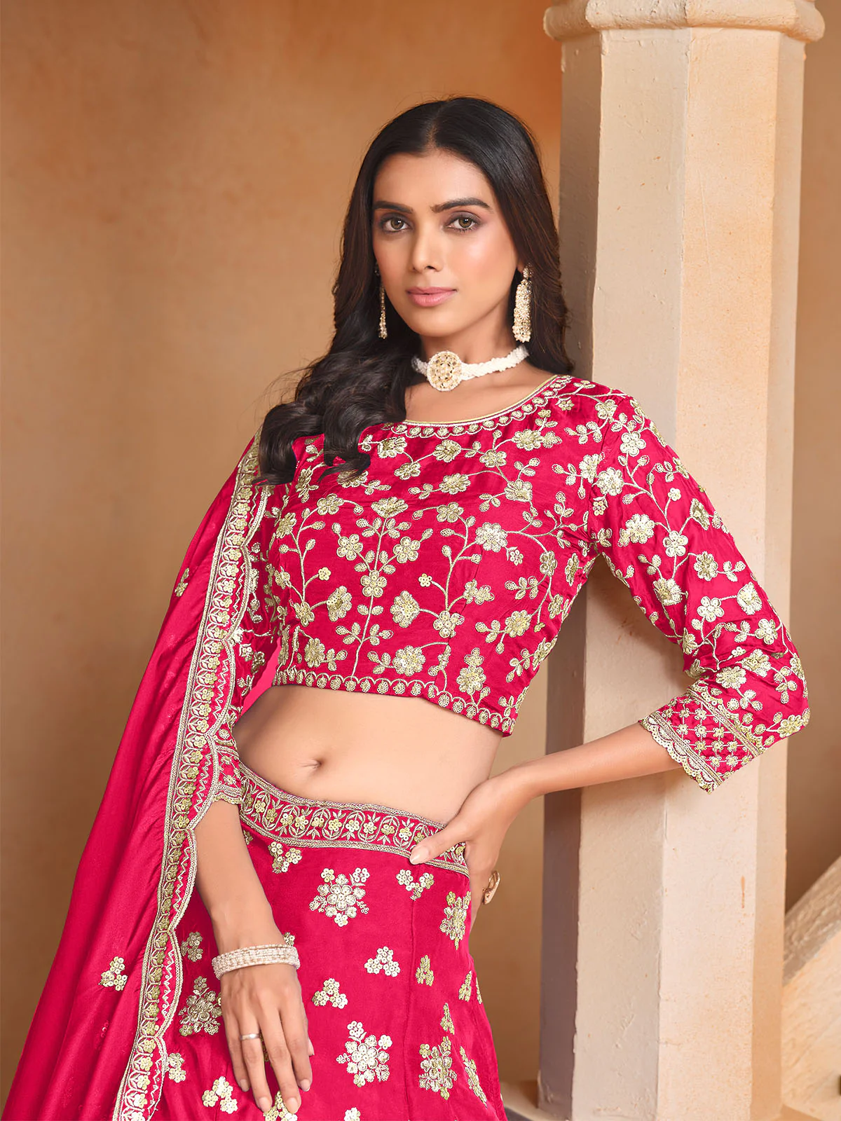Odette Pink Embroidered Organza Semi Stitched Lehenga With Unstitched Blouse For Women - Image 3