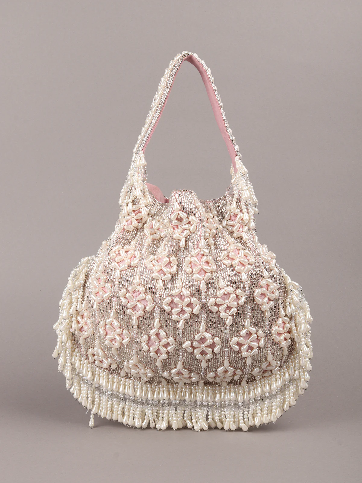 Odette Pink Embroidered Potli Bag with Tassels For Women - Image 3