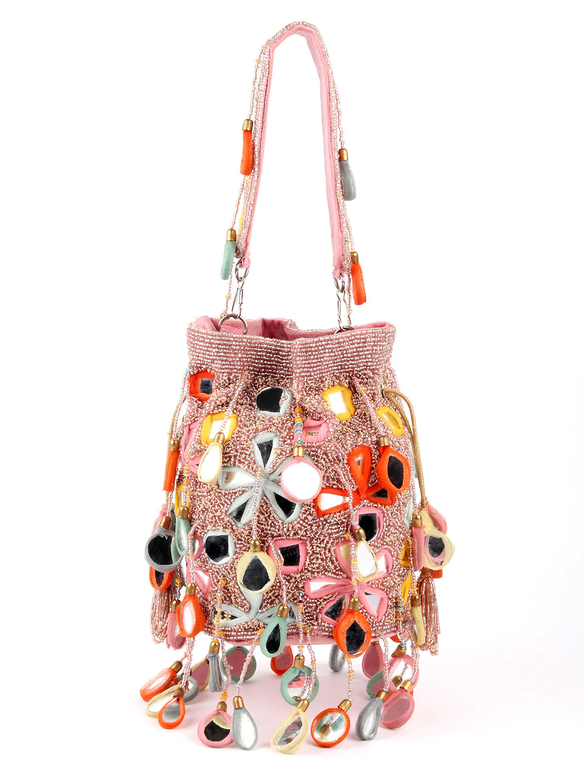 Odette Pink Embroidered Potli Bag with Tassels For Women - Image 4