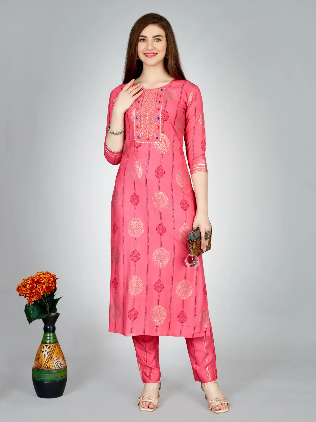Odette Pink Embroidered Rayon Stitched Kurta Set For Women - Image 2