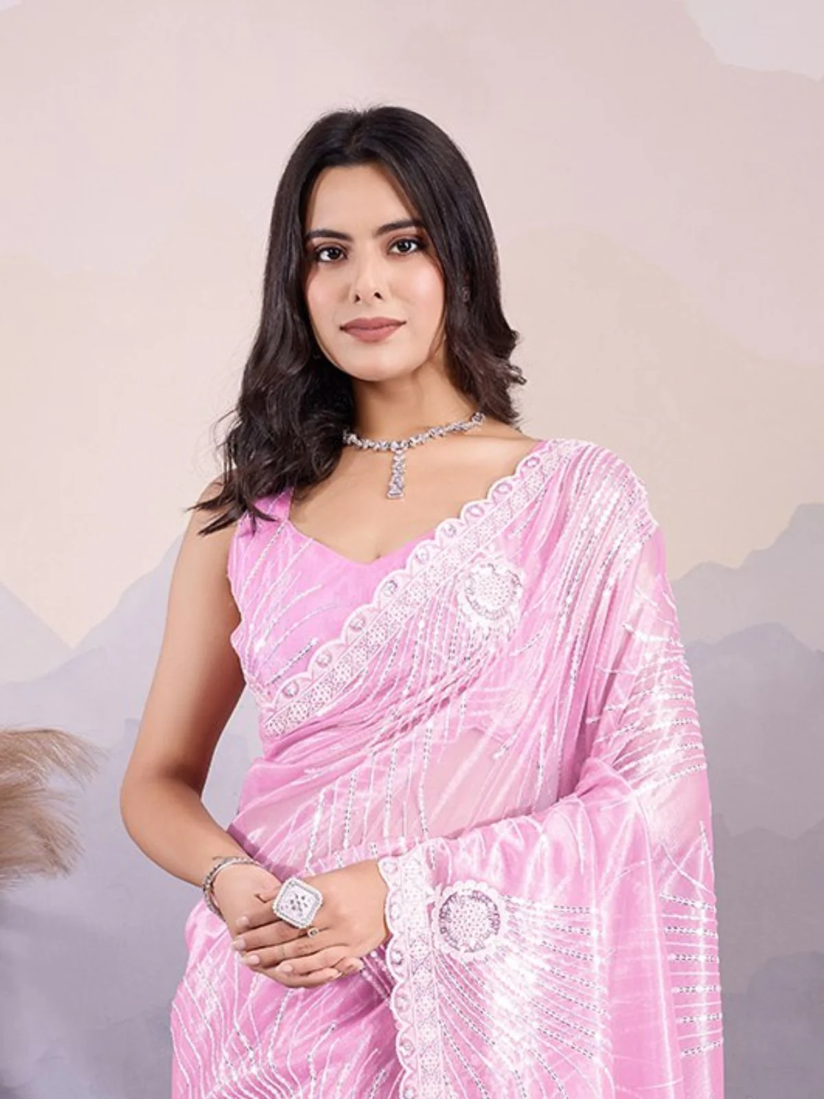 Odette Pink Organza Embroidered Saree For Women - Image 3