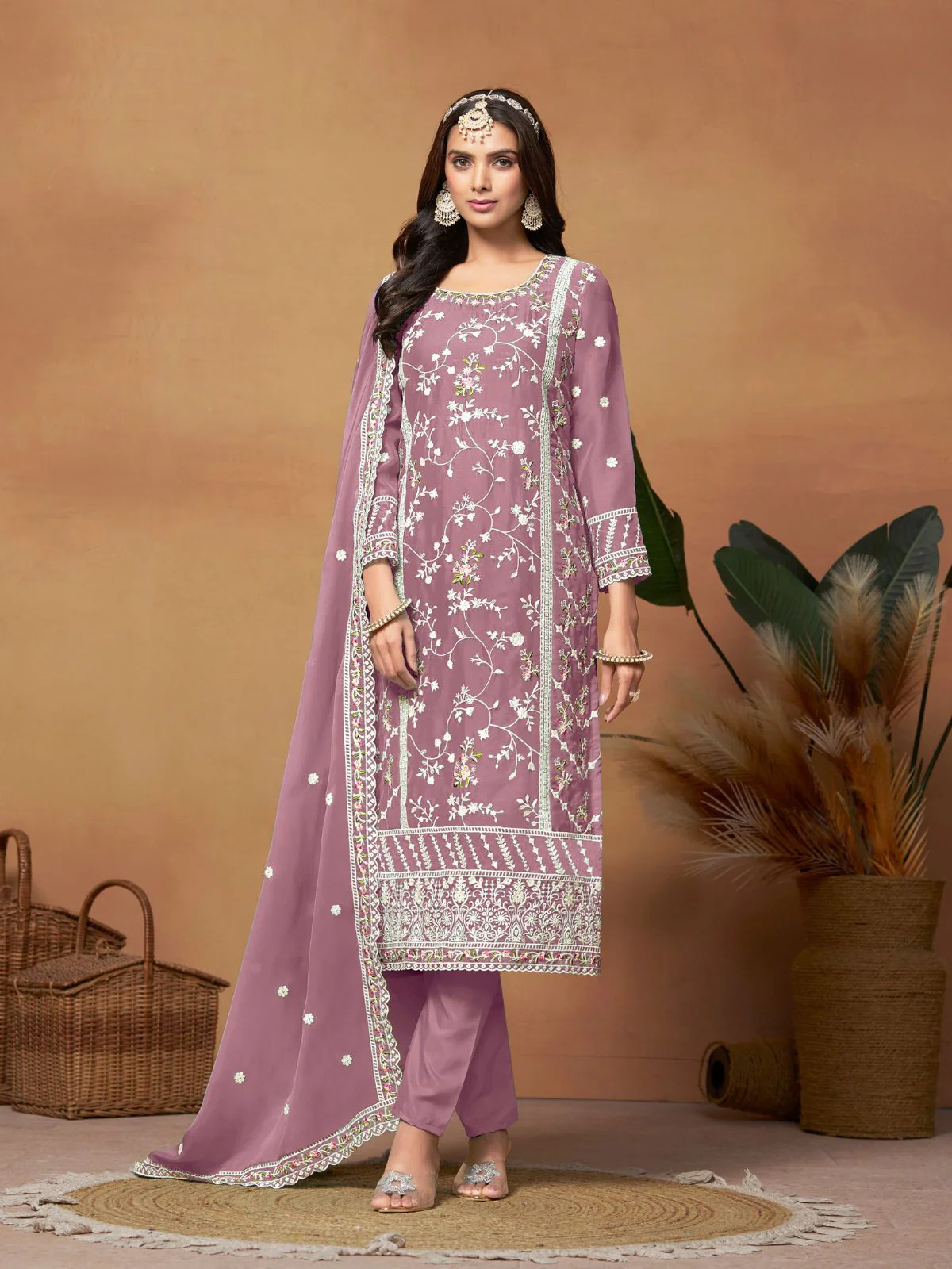 Odette Pink Embroidered Semi Stitched Kurta Set For Women