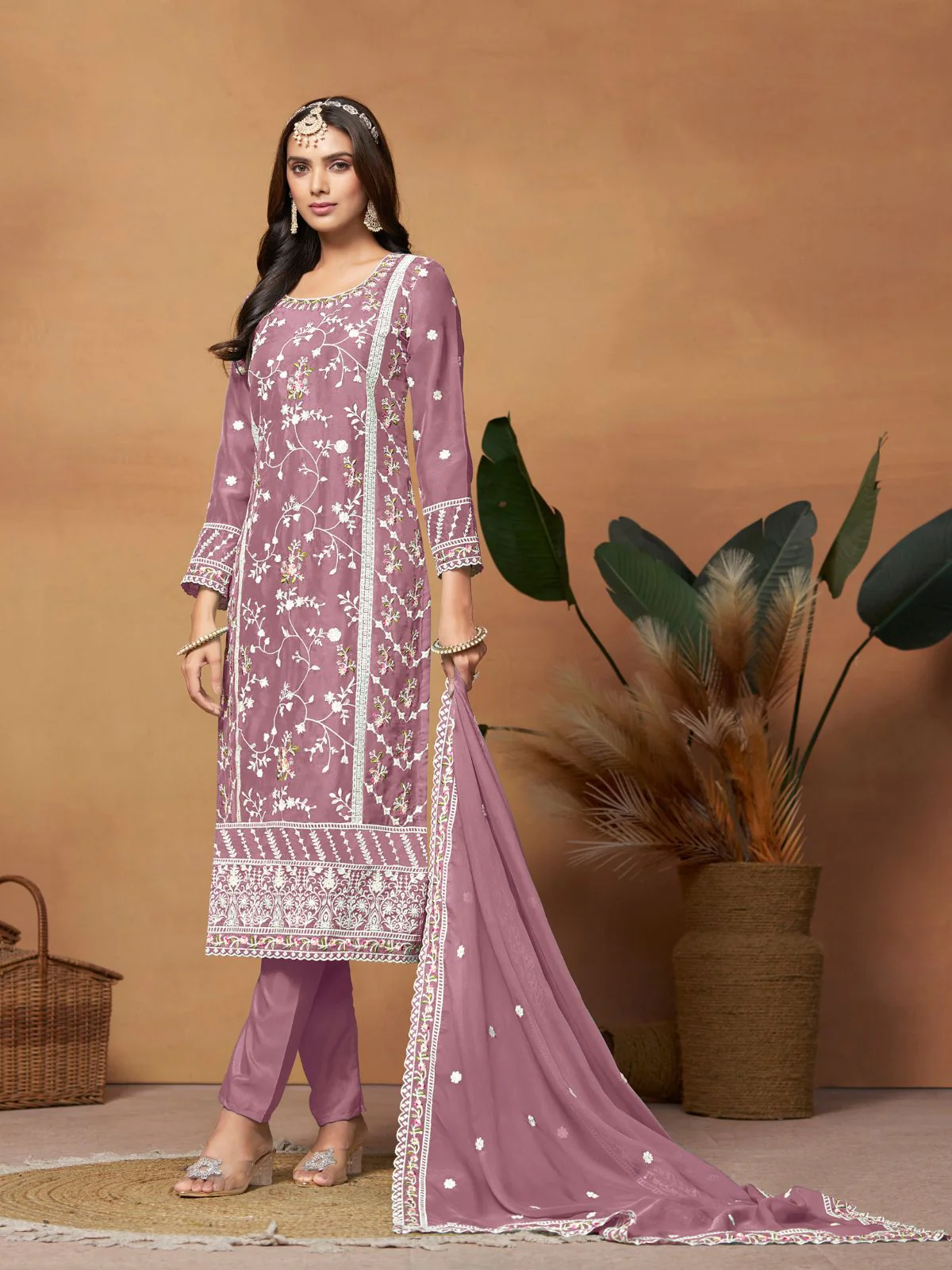 Odette Pink Embroidered Semi Stitched Kurta Set For Women - Image 2