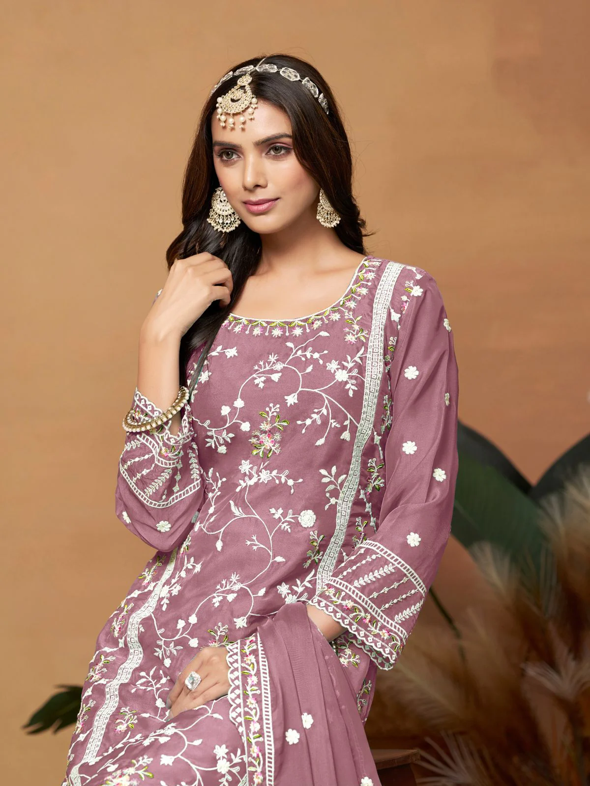 Odette Pink Embroidered Semi Stitched Kurta Set For Women - Image 3