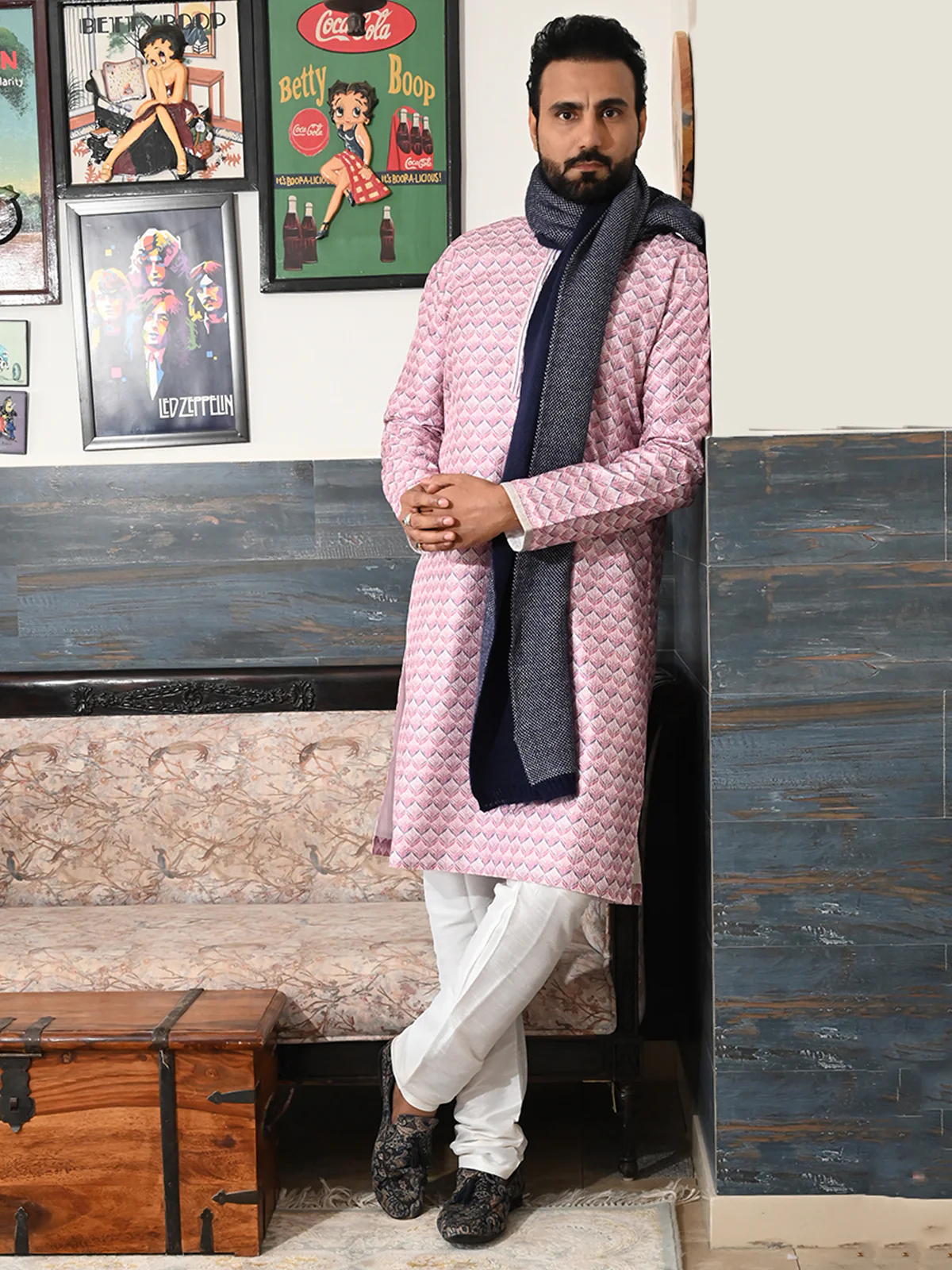 Odette Pink Embroidered Silk Blend Traditional Kurta Set For Men - Image 2
