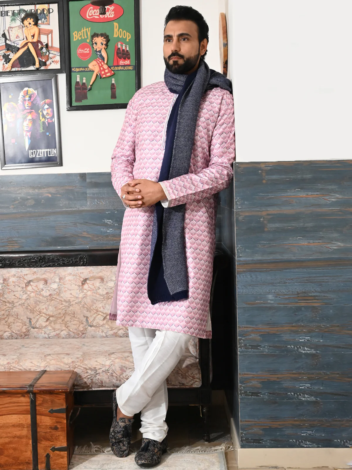 Odette Pink Embroidered Silk Blend Traditional Kurta Set For Men - Image 3