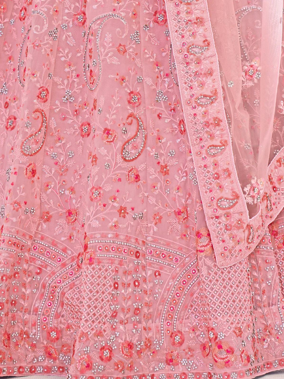 Odette Pink Embroidered Soft Net Semi Stitched Lehenga With Blouse For Women - Image 6