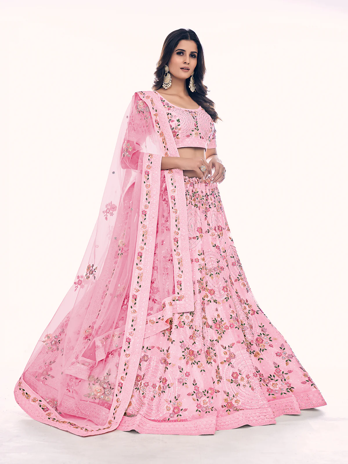 Odette Pink Embroidered Soft Net Semi Stitched Lehenga With Blouse For Women - Image 2