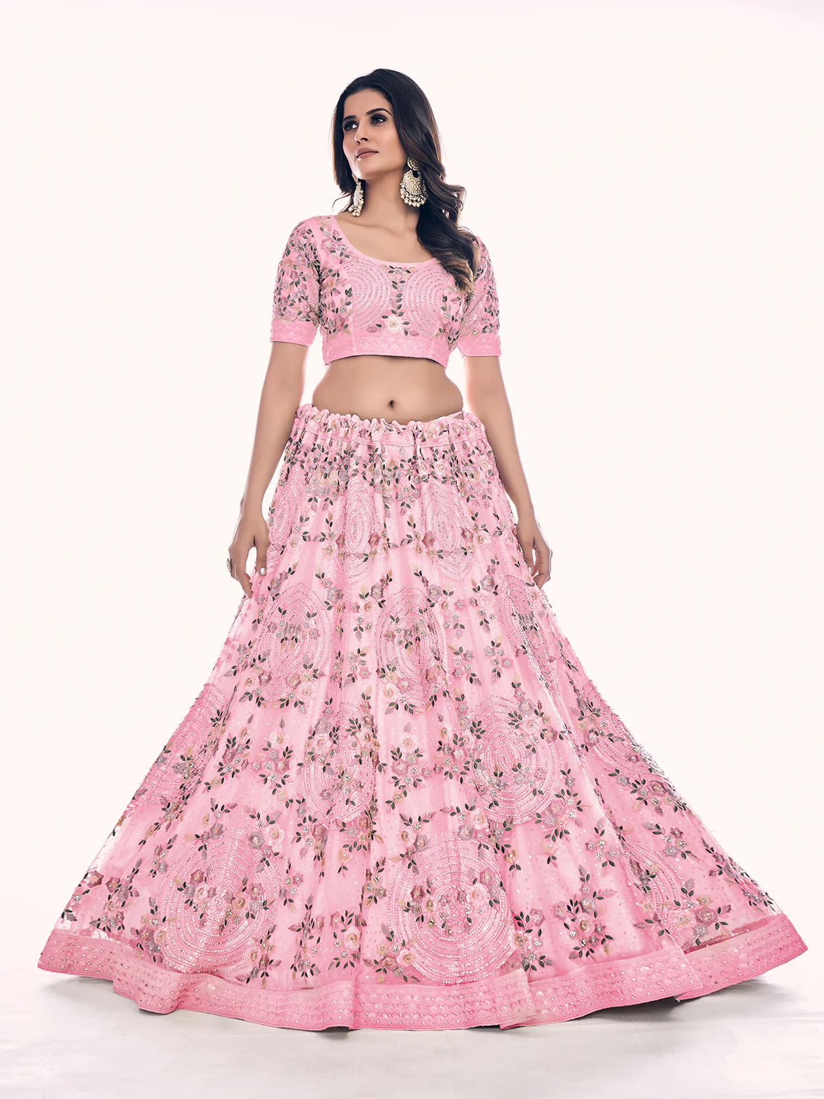 Odette Pink Embroidered Soft Net Semi Stitched Lehenga With Blouse For Women - Image 3