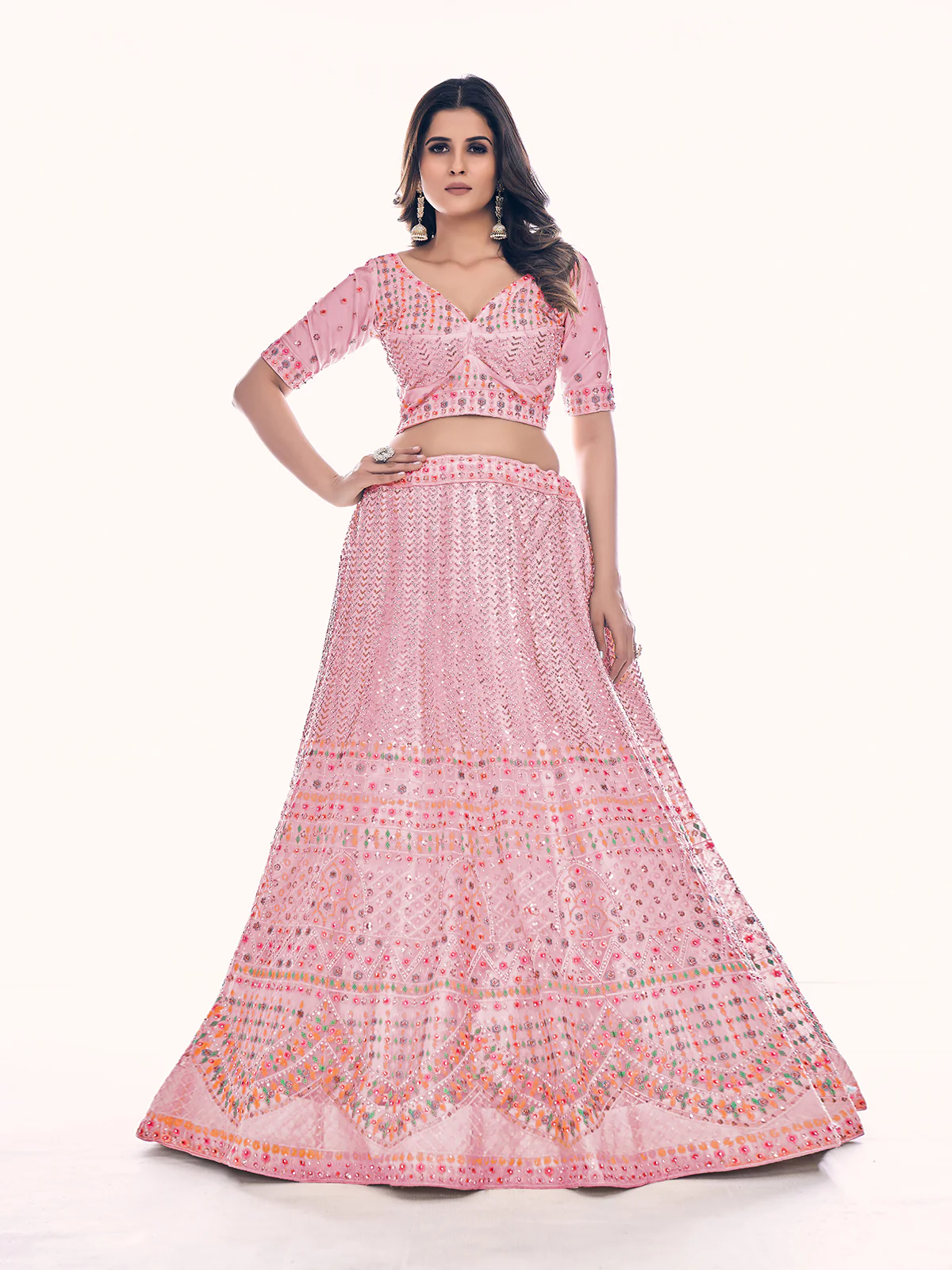 Odette Pink Embroidered Soft Net Semi Stitched Lehenga With Blouse For Women - Image 3