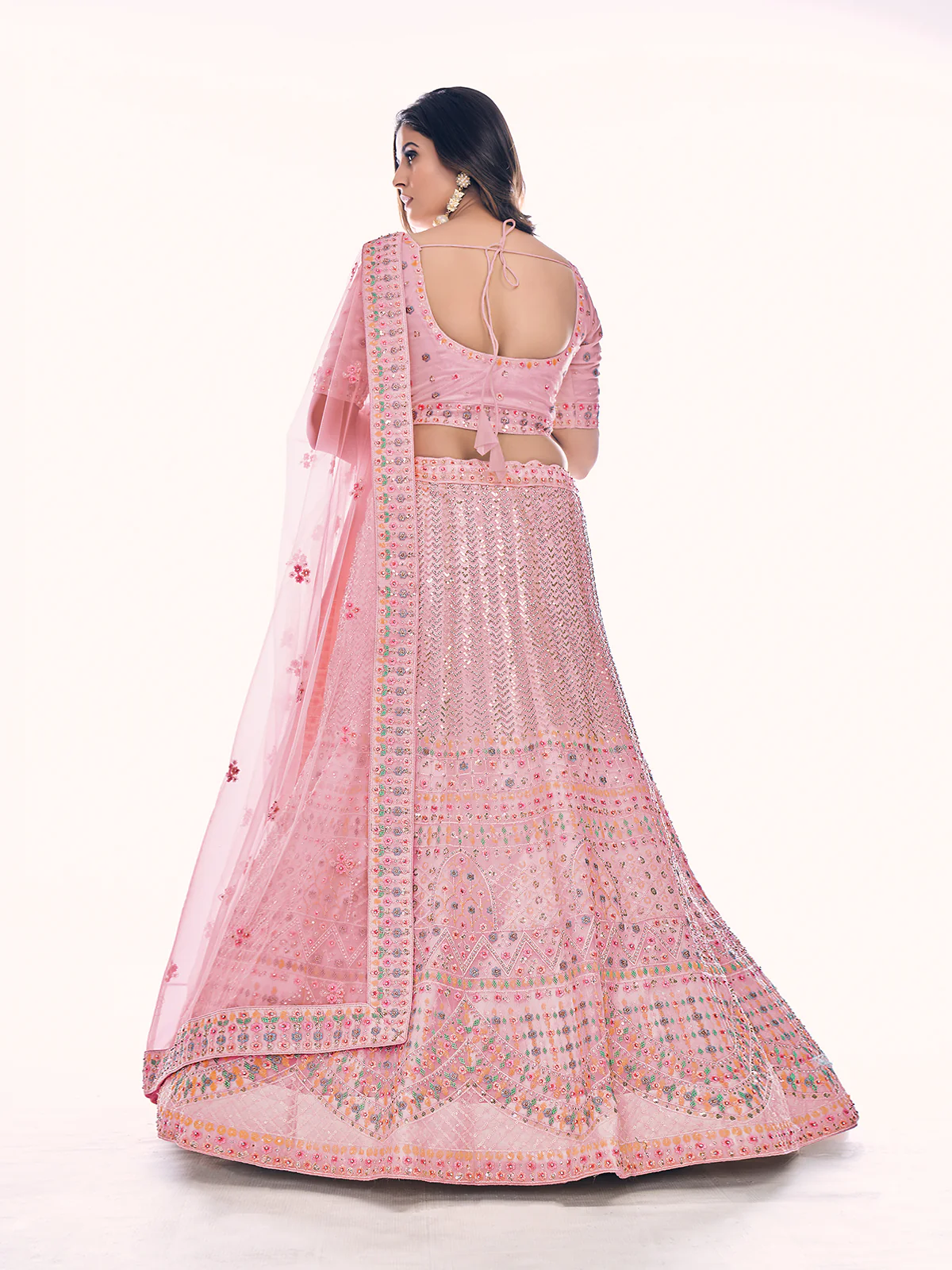 Odette Pink Embroidered Soft Net Semi Stitched Lehenga With Blouse For Women - Image 4