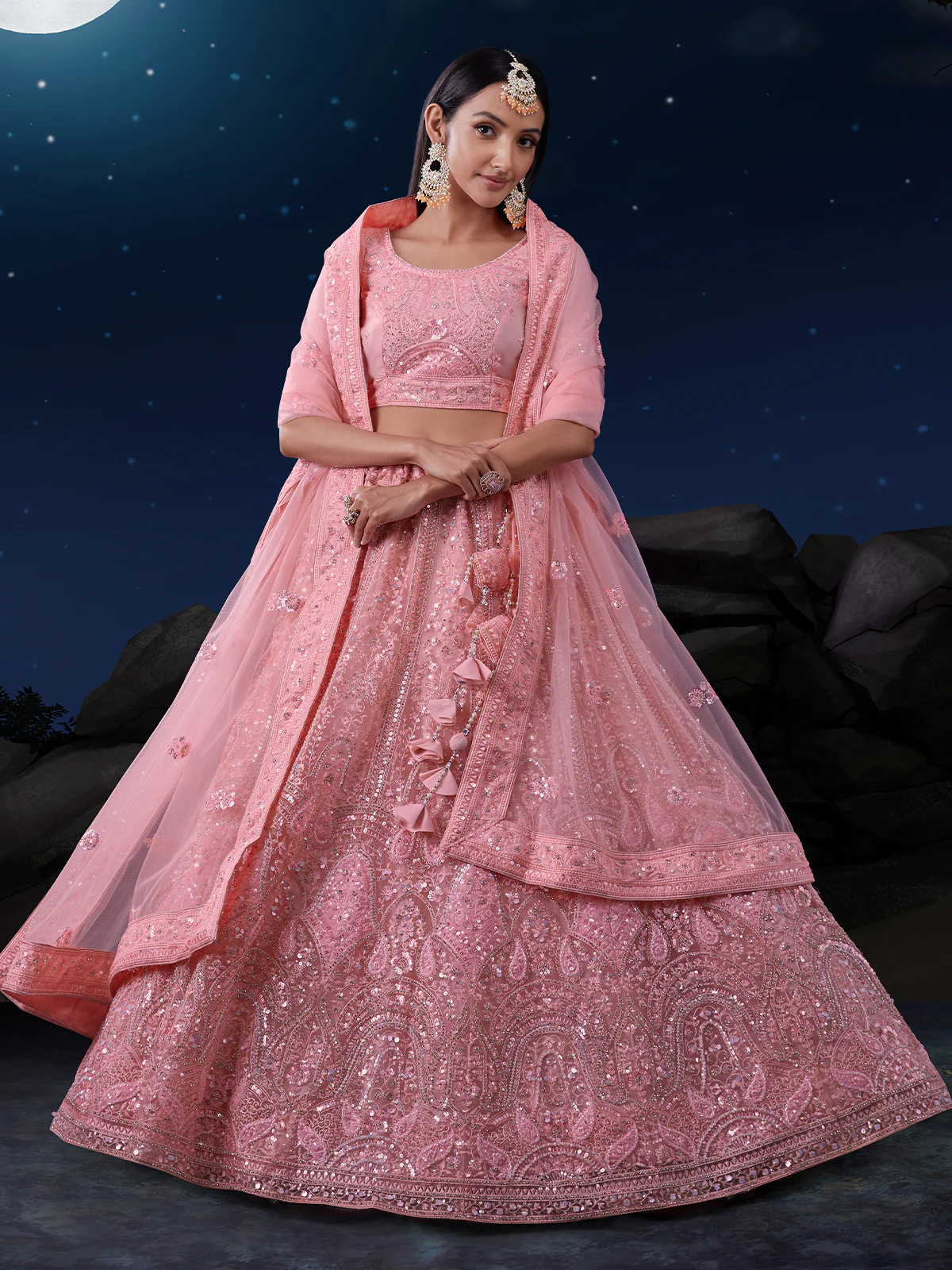 Odette Pink Embroidered Soft Net Semi Stitched Lehenga With Blouse For Women - Image 2