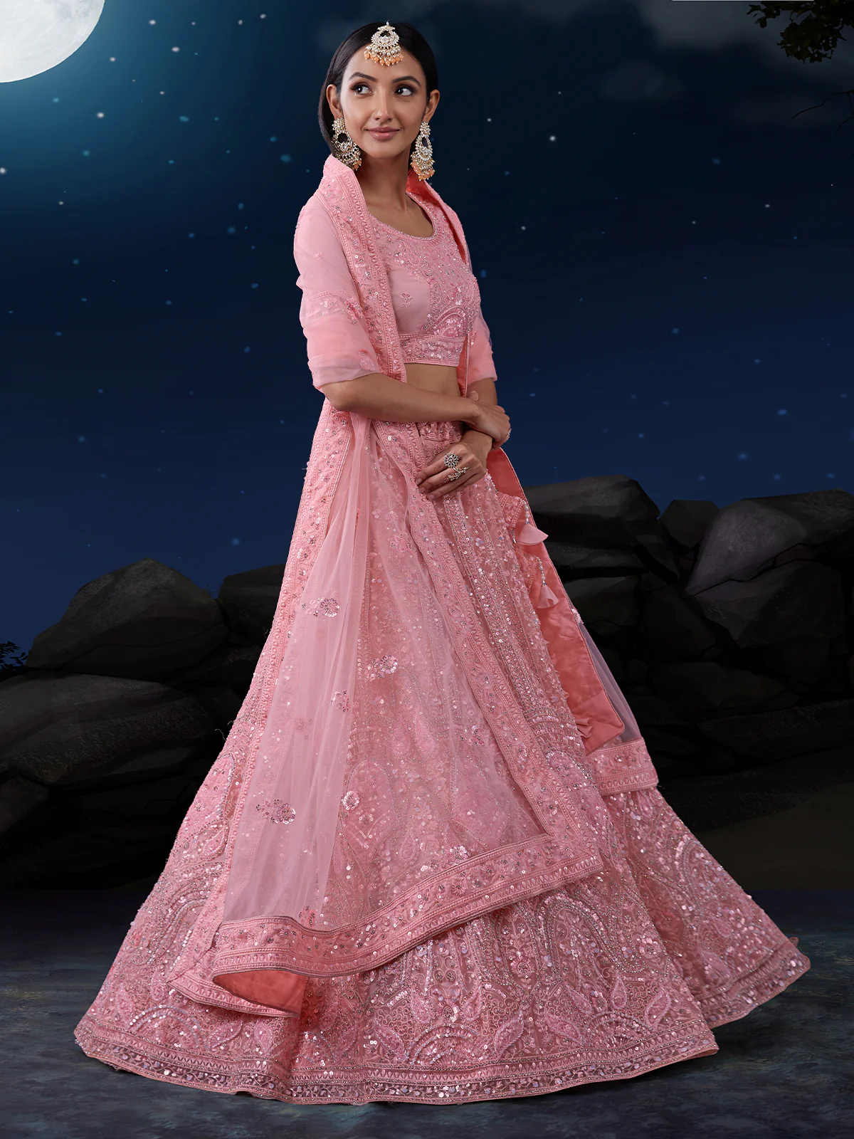 Odette Pink Embroidered Soft Net Semi Stitched Lehenga With Blouse For Women - Image 3