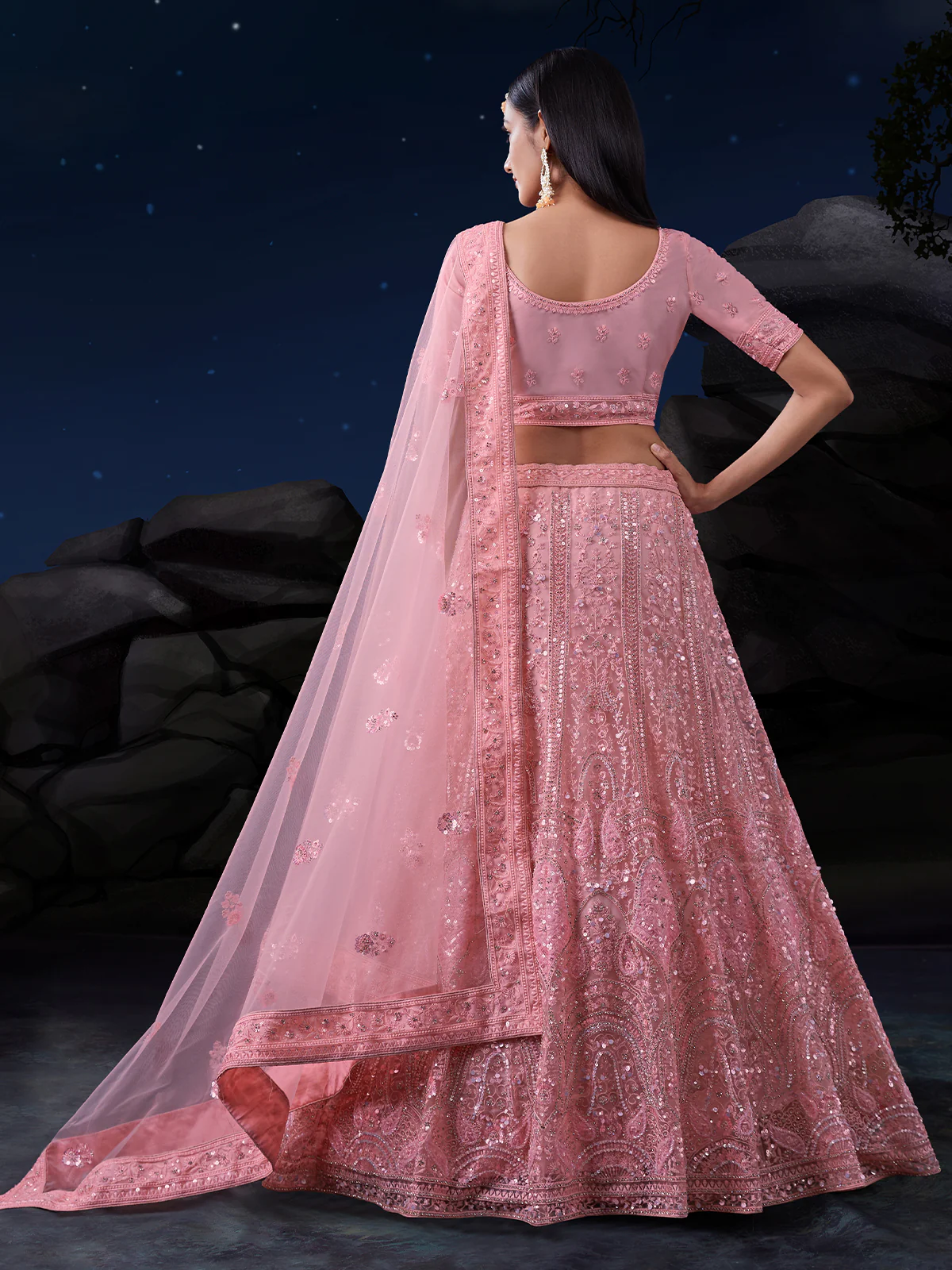 Odette Pink Embroidered Soft Net Semi Stitched Lehenga With Blouse For Women - Image 4
