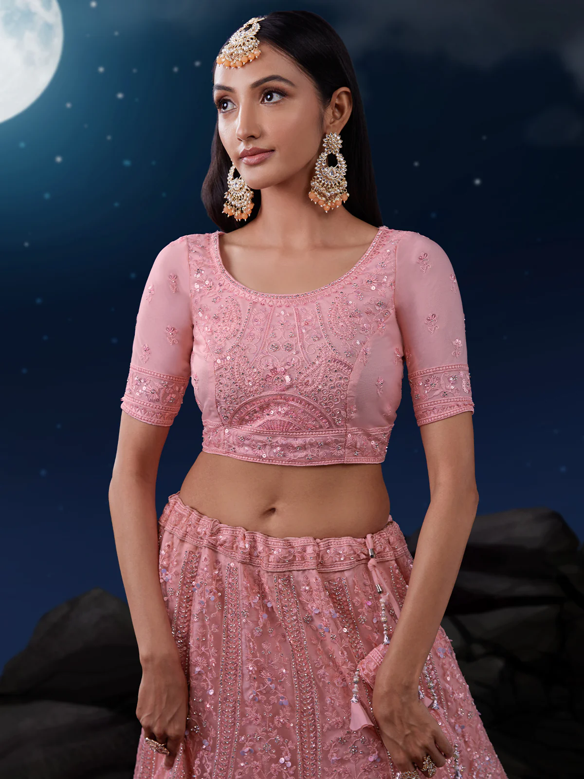 Odette Pink Embroidered Soft Net Semi Stitched Lehenga With Blouse For Women - Image 5
