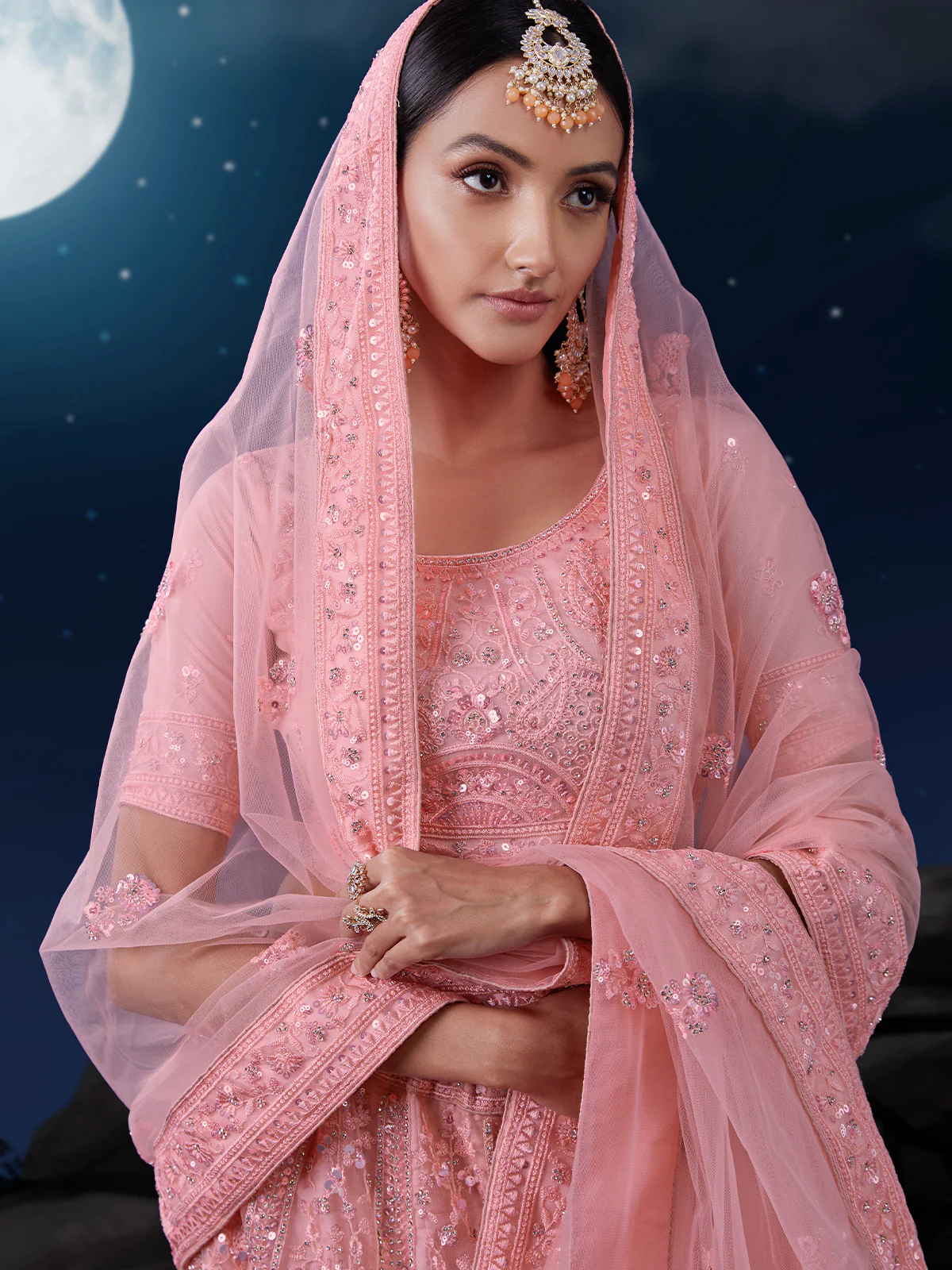 Odette Pink Embroidered Soft Net Semi Stitched Lehenga With Blouse For Women - Image 7
