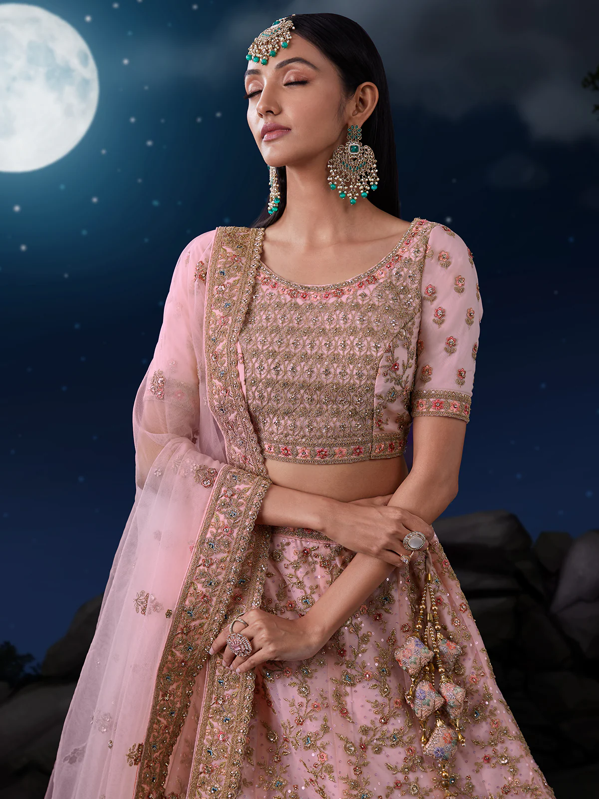 Odette Pink Embroidered Soft Net Semi Stitched Lehenga With Blouse For Women - Image 4