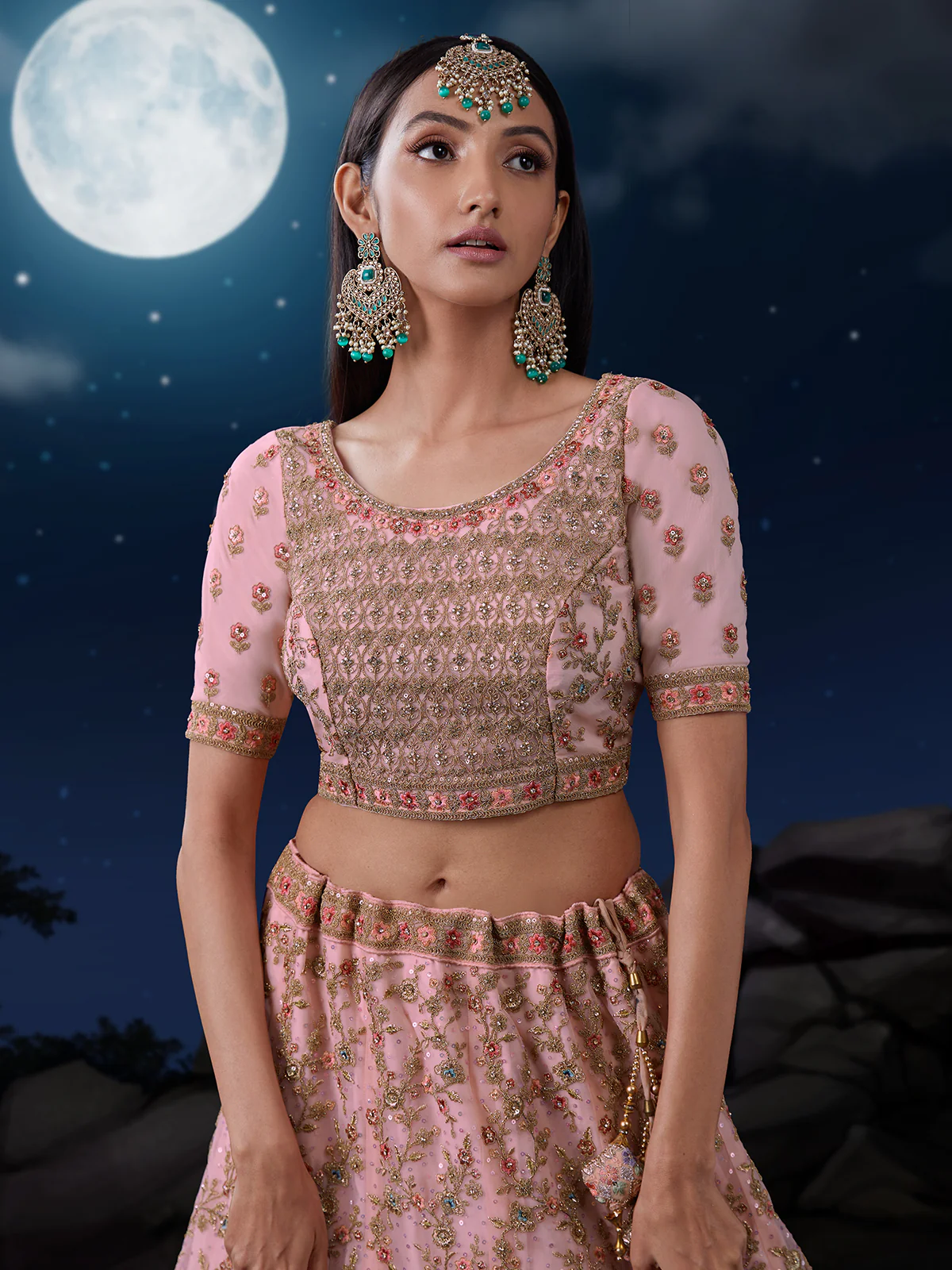 Odette Pink Embroidered Soft Net Semi Stitched Lehenga With Blouse For Women - Image 5