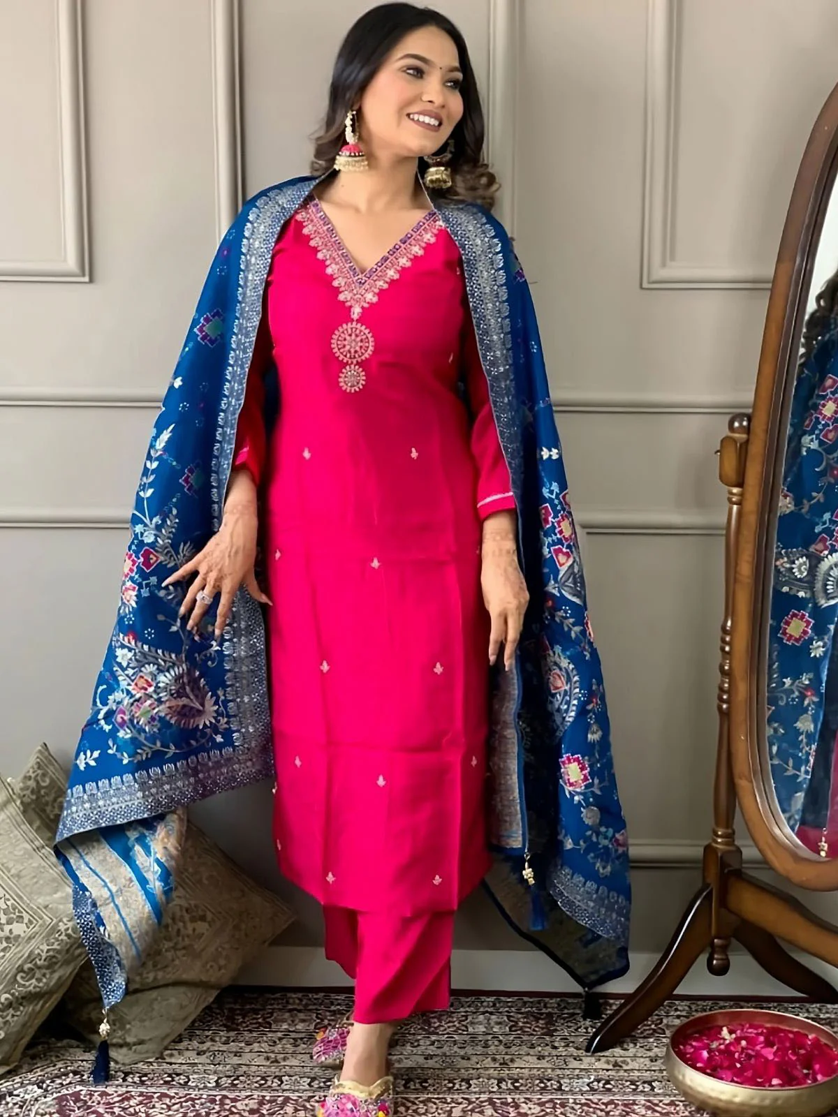 Odette Pink Embroidered Viscose Silk Stitched Kurta Salwar Set For Women