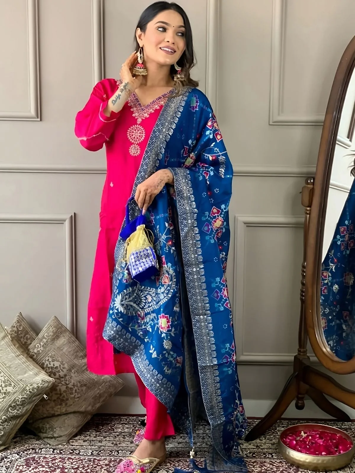 Odette Pink Embroidered Viscose Silk Stitched Kurta Salwar Set For Women - Image 2