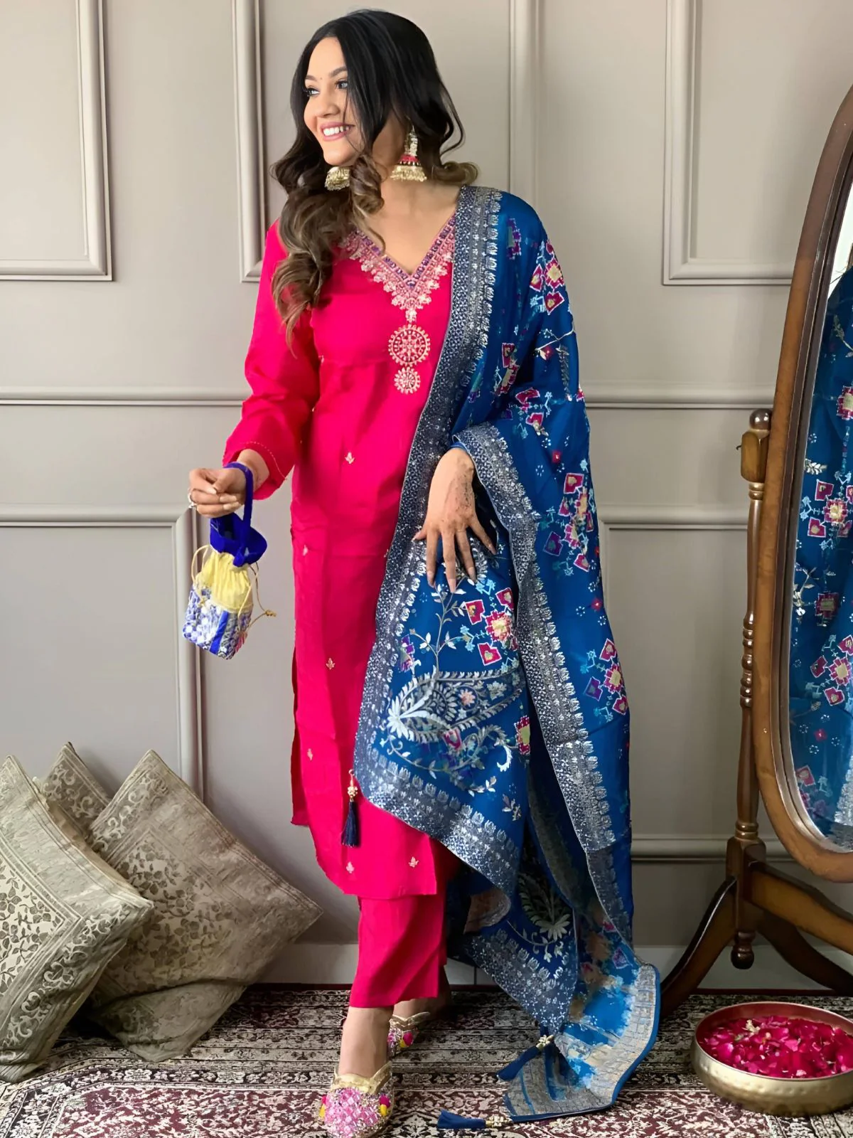 Odette Pink Embroidered Viscose Silk Stitched Kurta Salwar Set For Women - Image 3