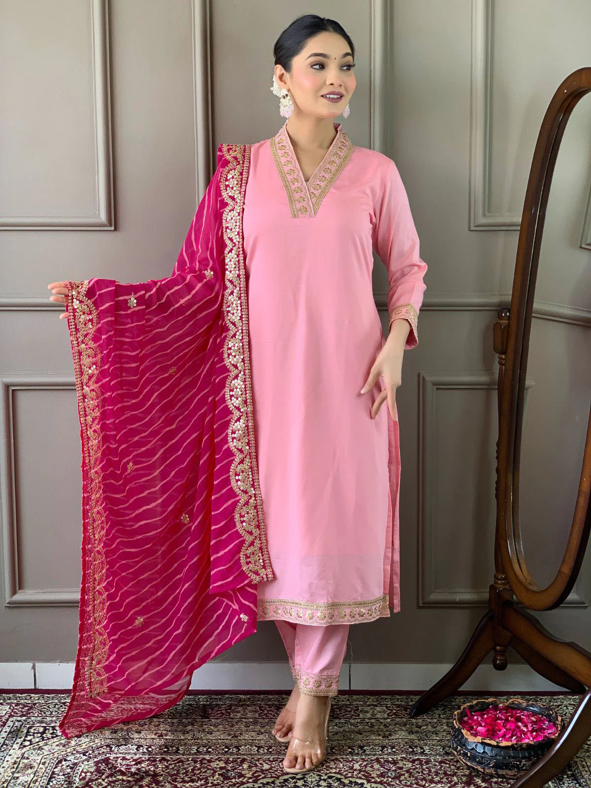 Odette Pink Embroidered Viscose Silk Stitched Kurta Salwar Set For Women