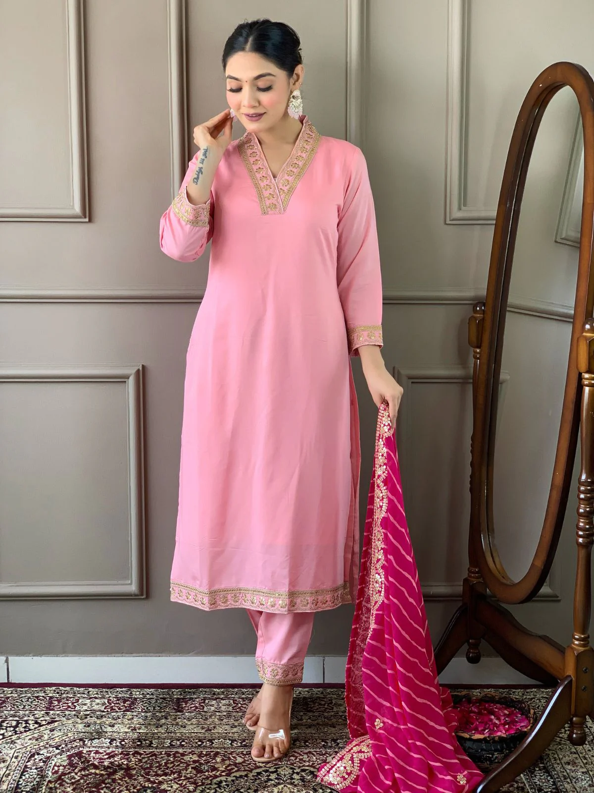 Odette Pink Embroidered Viscose Silk Stitched Kurta Salwar Set For Women - Image 3