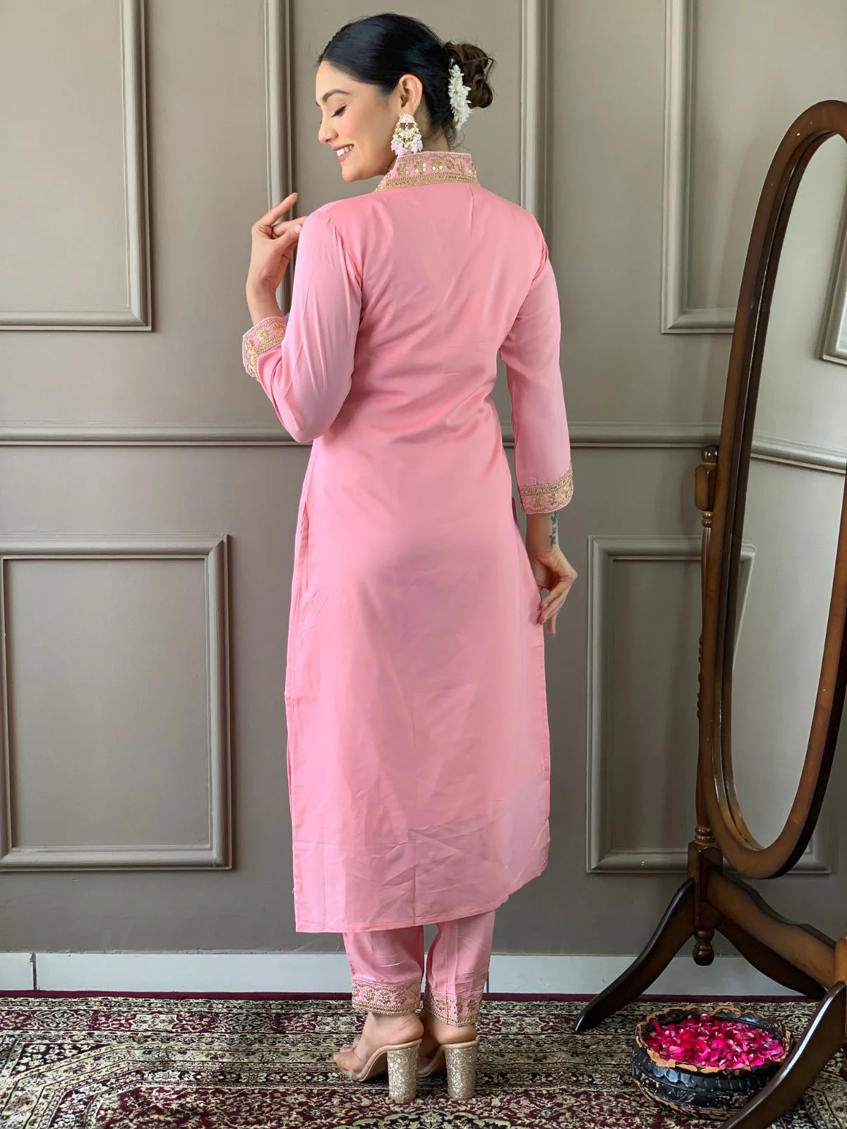 Odette Pink Embroidered Viscose Silk Stitched Kurta Salwar Set For Women - Image 4