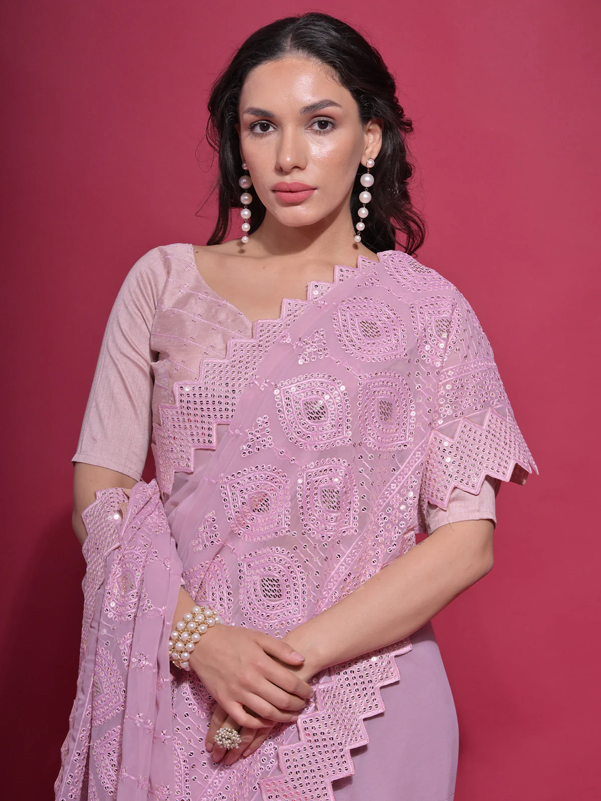 Odette Pink Embellished Georgette Saree With Unstitched Blouse For Women - Image 4
