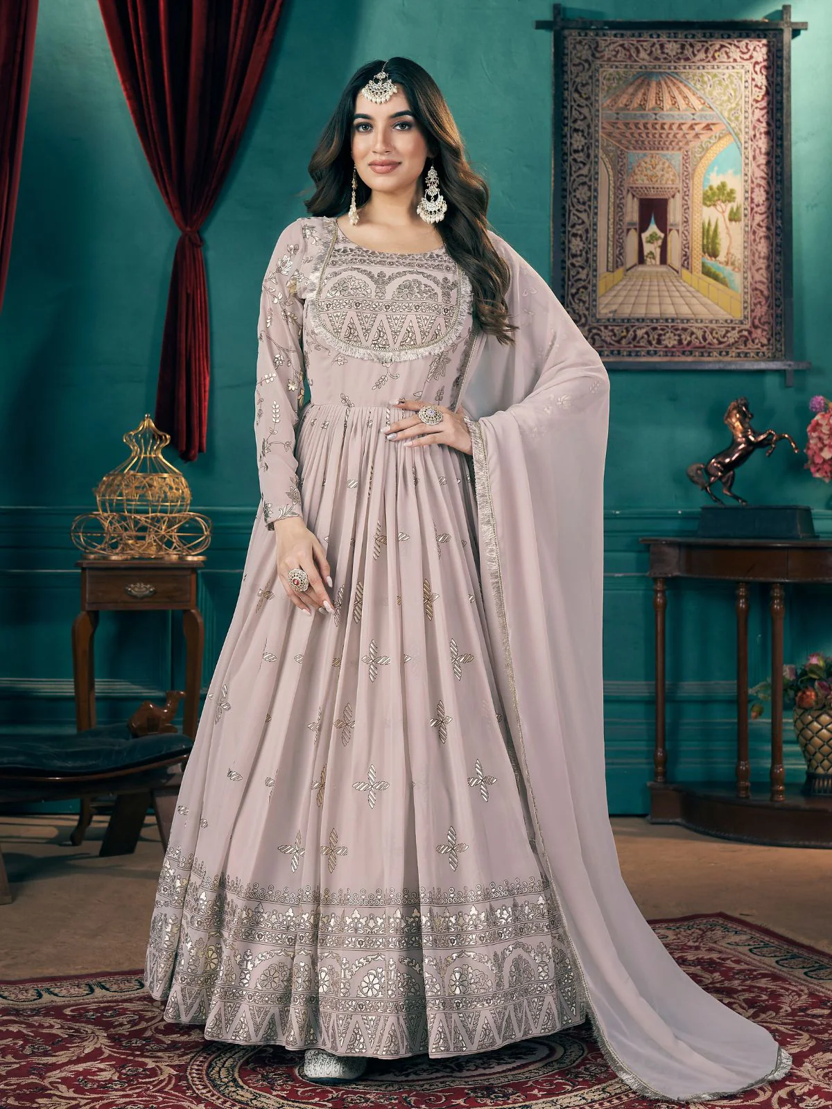 Odette Lilac Faux Georgette Printed Gown For Women