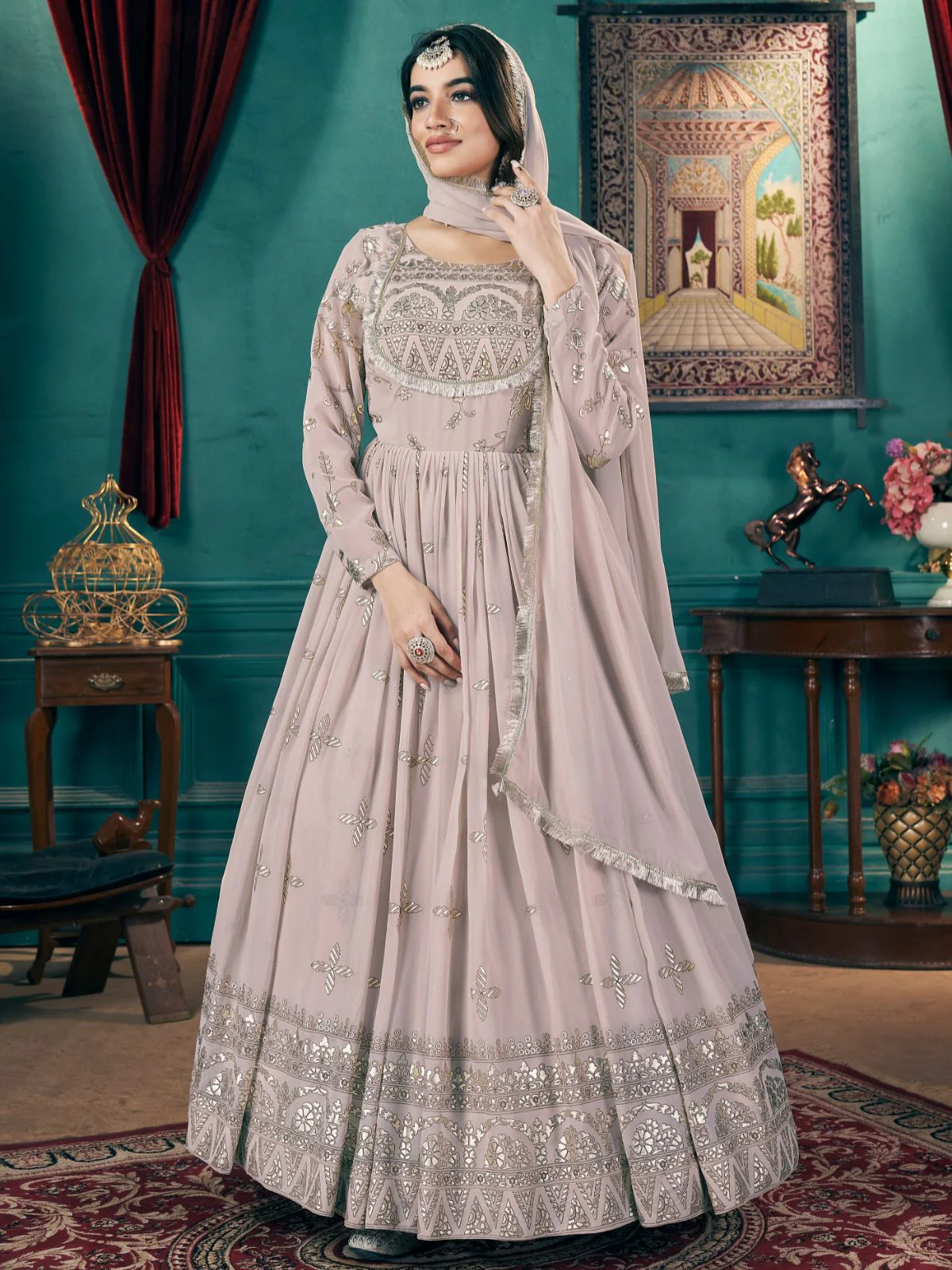 Odette Lilac Faux Georgette Printed Gown For Women - Image 2
