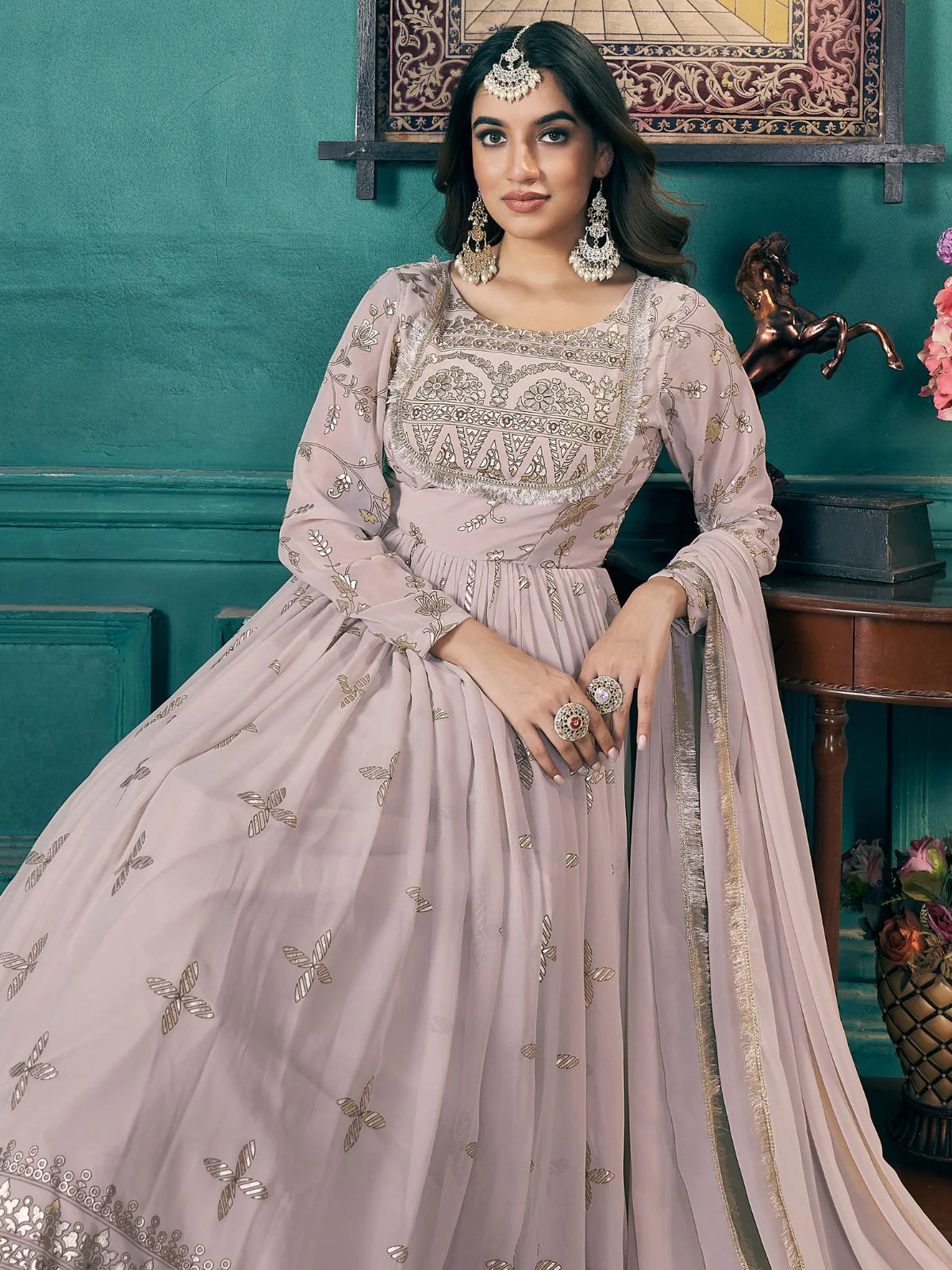 Odette Lilac Faux Georgette Printed Gown For Women - Image 3