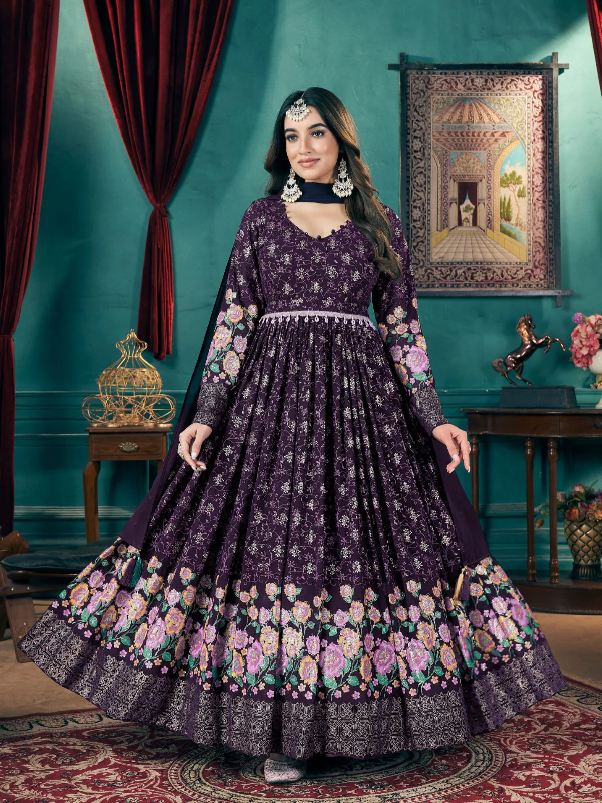 Odette Purple Faux Georgette Printed Gown For Women - Image 2