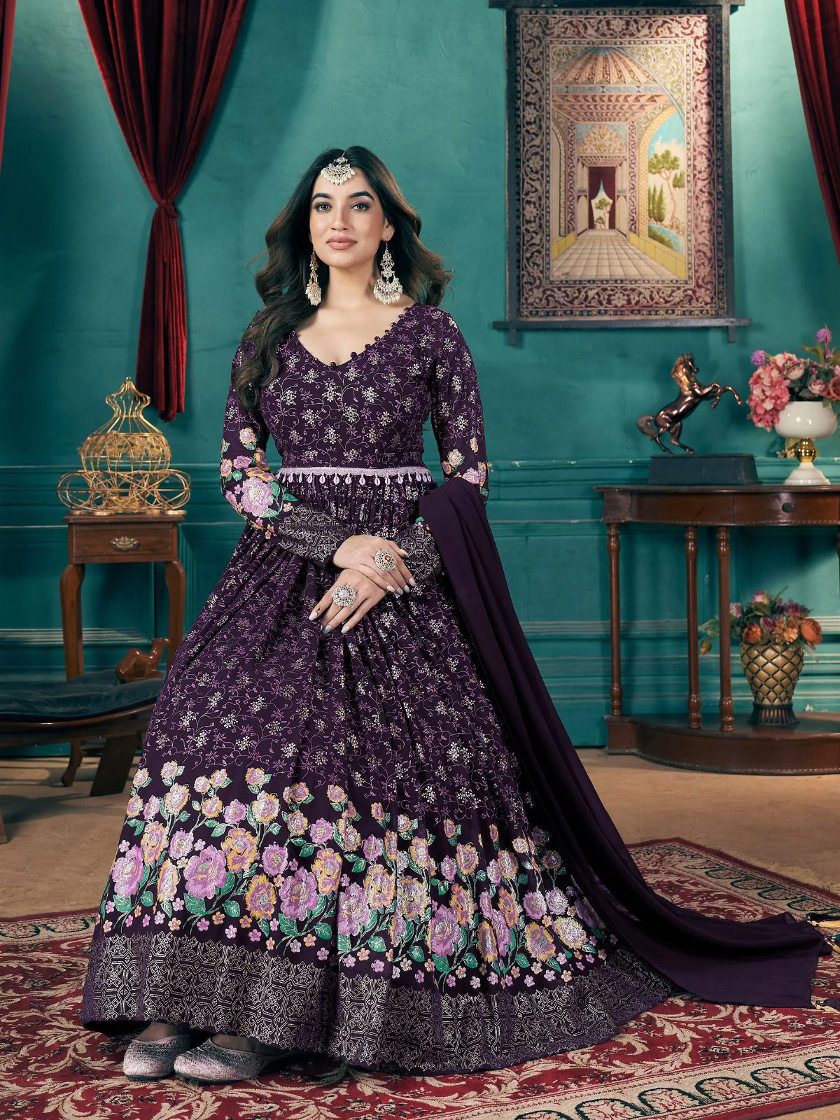 Odette Purple Faux Georgette Printed Gown For Women - Image 3