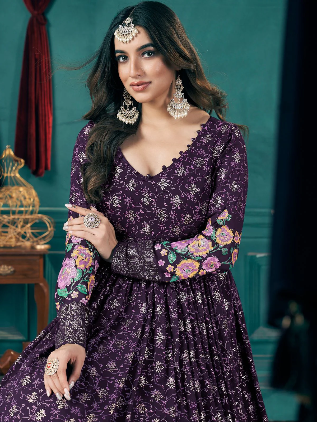 Odette Purple Faux Georgette Printed Gown For Women - Image 4