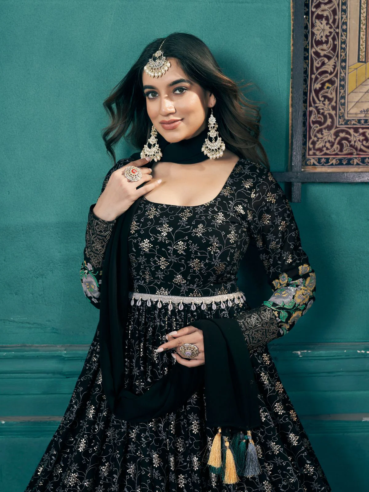 Odette Black Foux Georgette Foil Print Gown For Women - Image 4