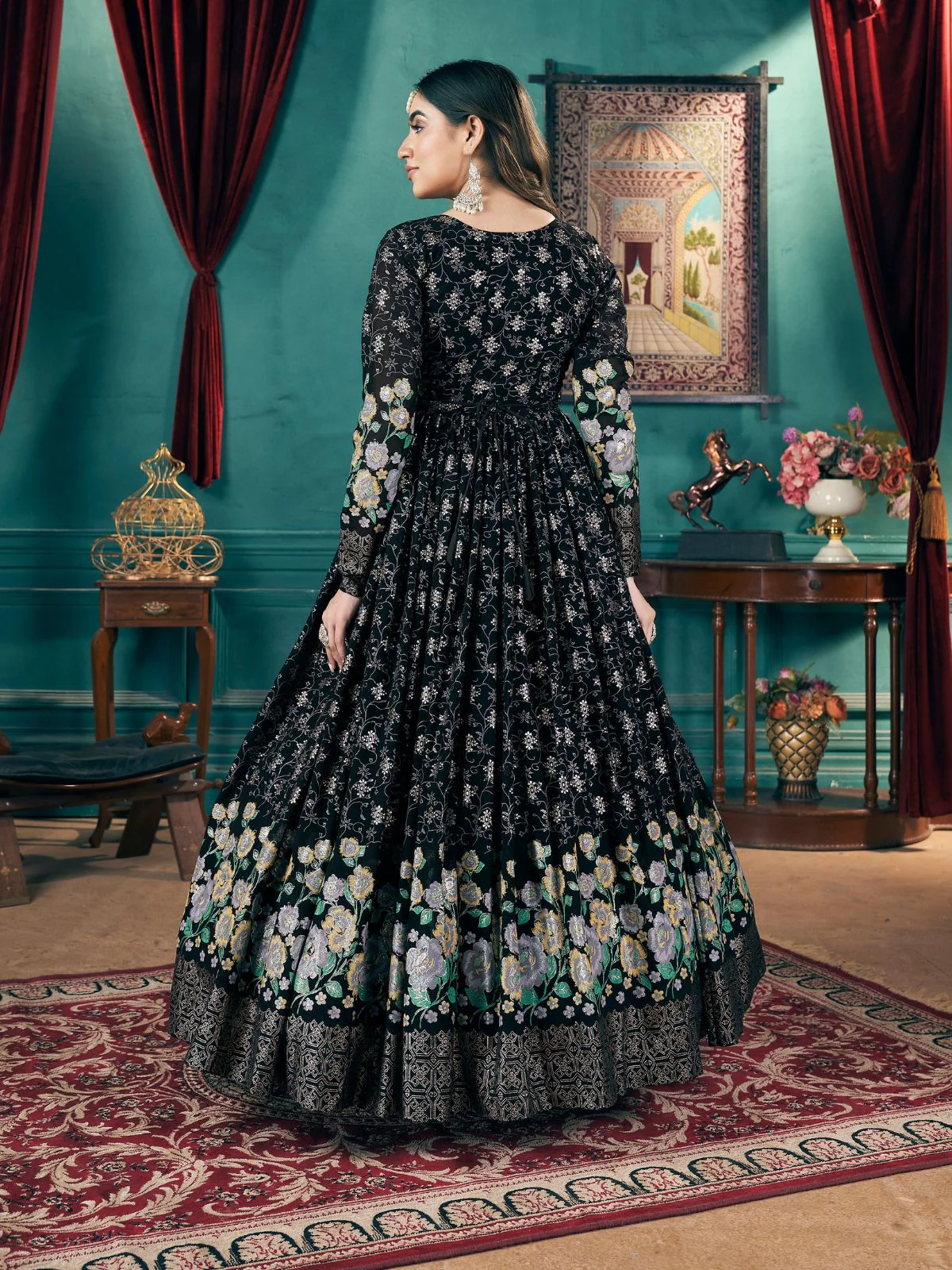Odette Black Foux Georgette Foil Print Gown For Women - Image 5