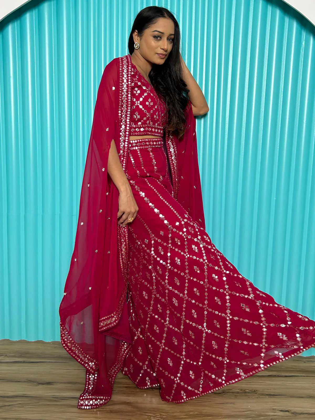 Odette Pink Georgette Co-Ord Set with Unstitched Blouse for Women - Image 3