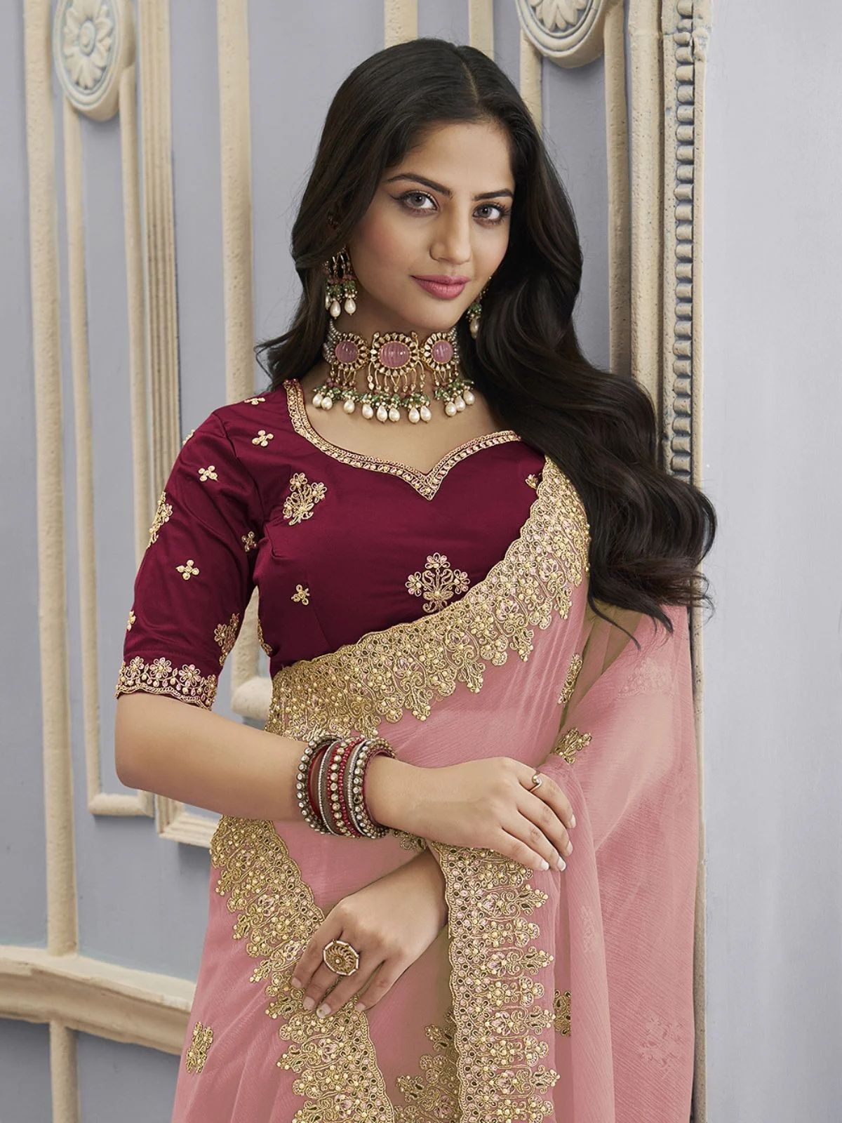 Odette Pink Georgette Crush Embellished Elegant Saree For Women - Image 2