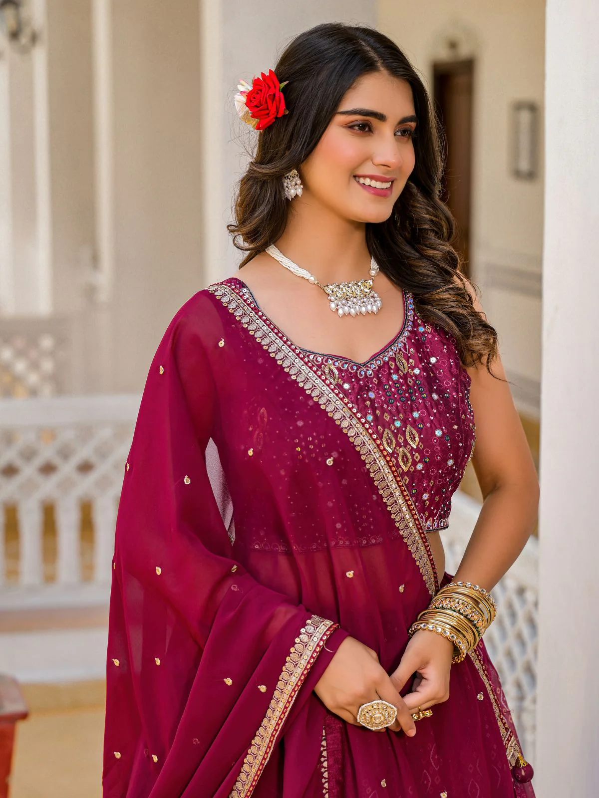 Odette Pink Georgette  Digital Printed With Sequins Work Stitched lehenga For Women - Image 4