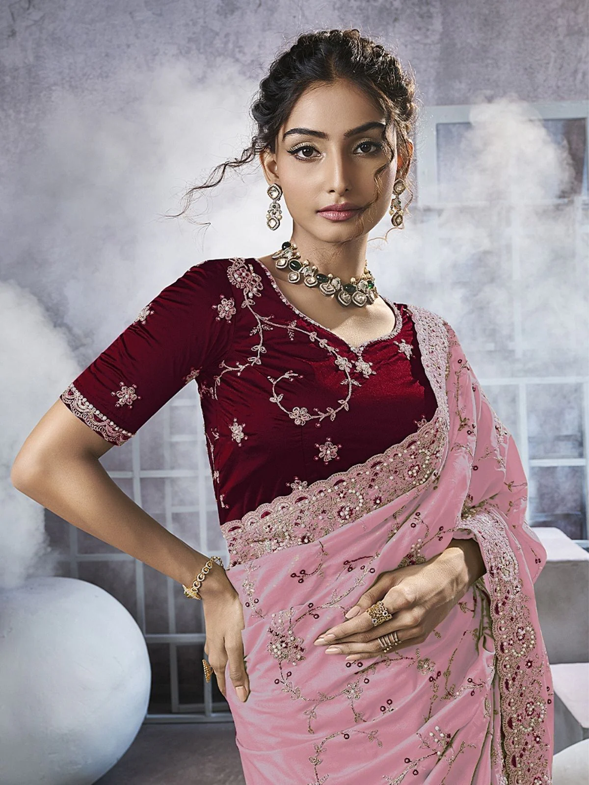 Odette Pink Georgette Embellished Elegant Saree For Women - Image 2