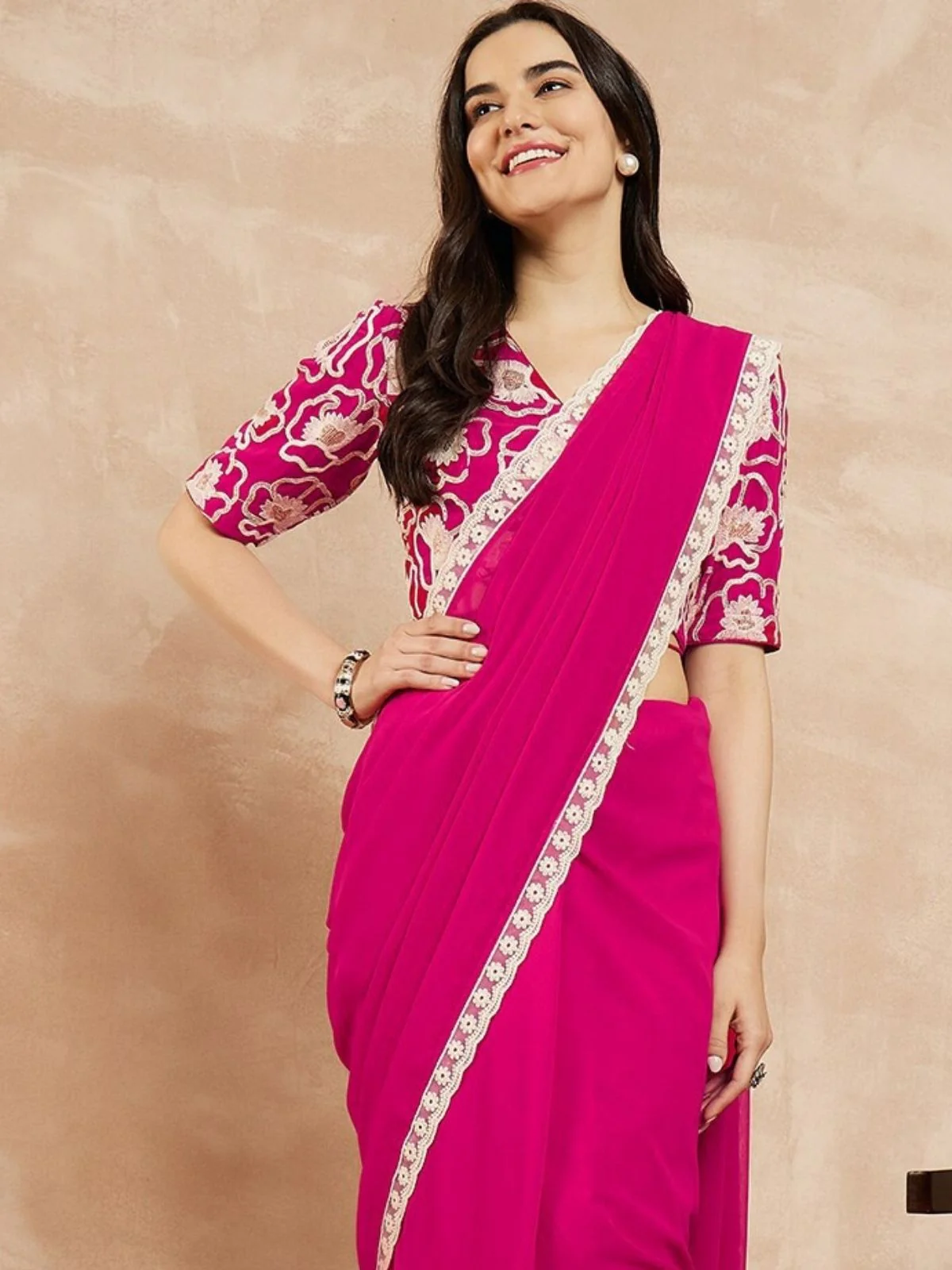 Odette Pink Georgette Embellished Saree For Women - Image 4