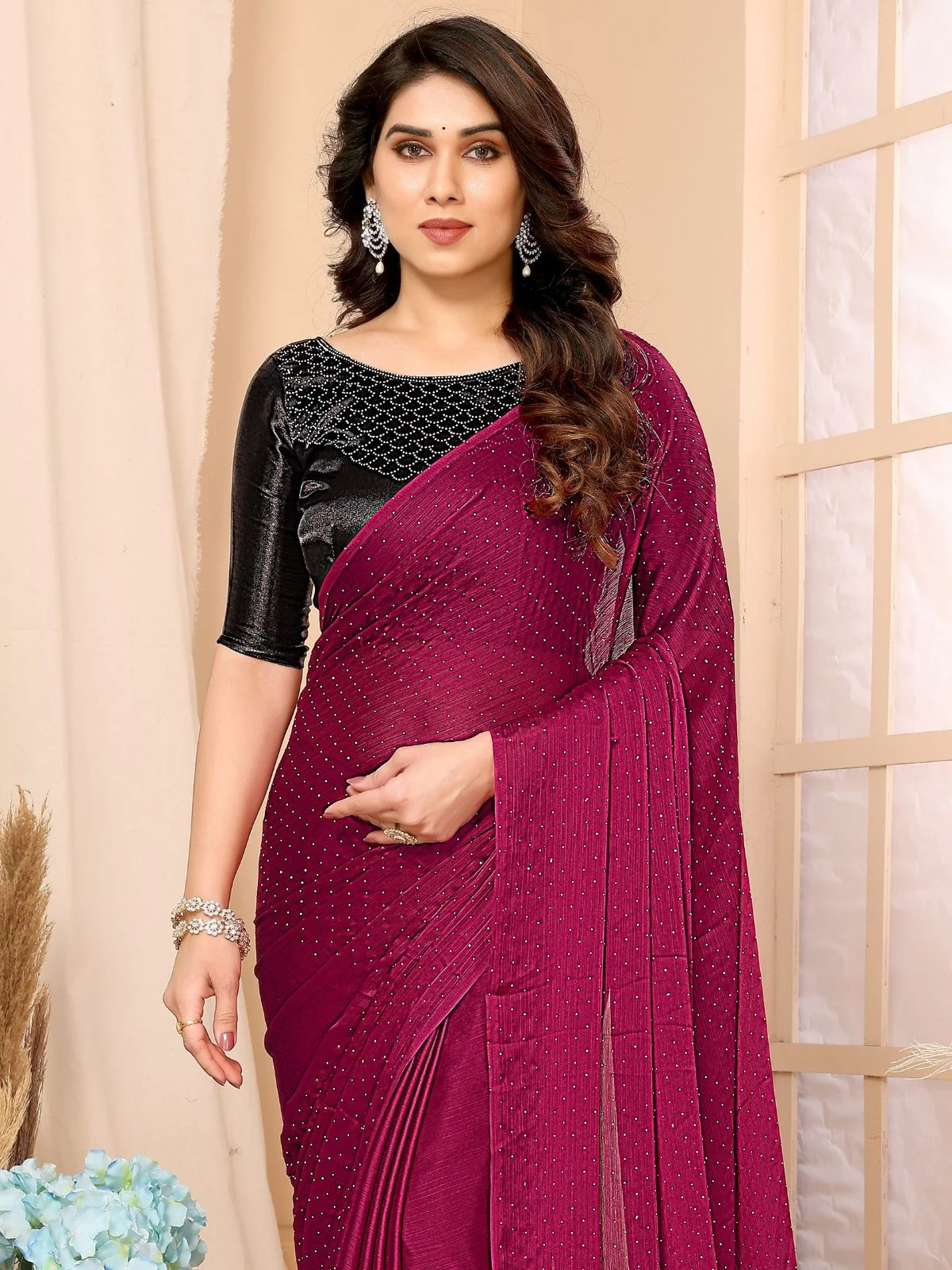 Odette Pink Georgette Embellished Saree For Women - Image 3