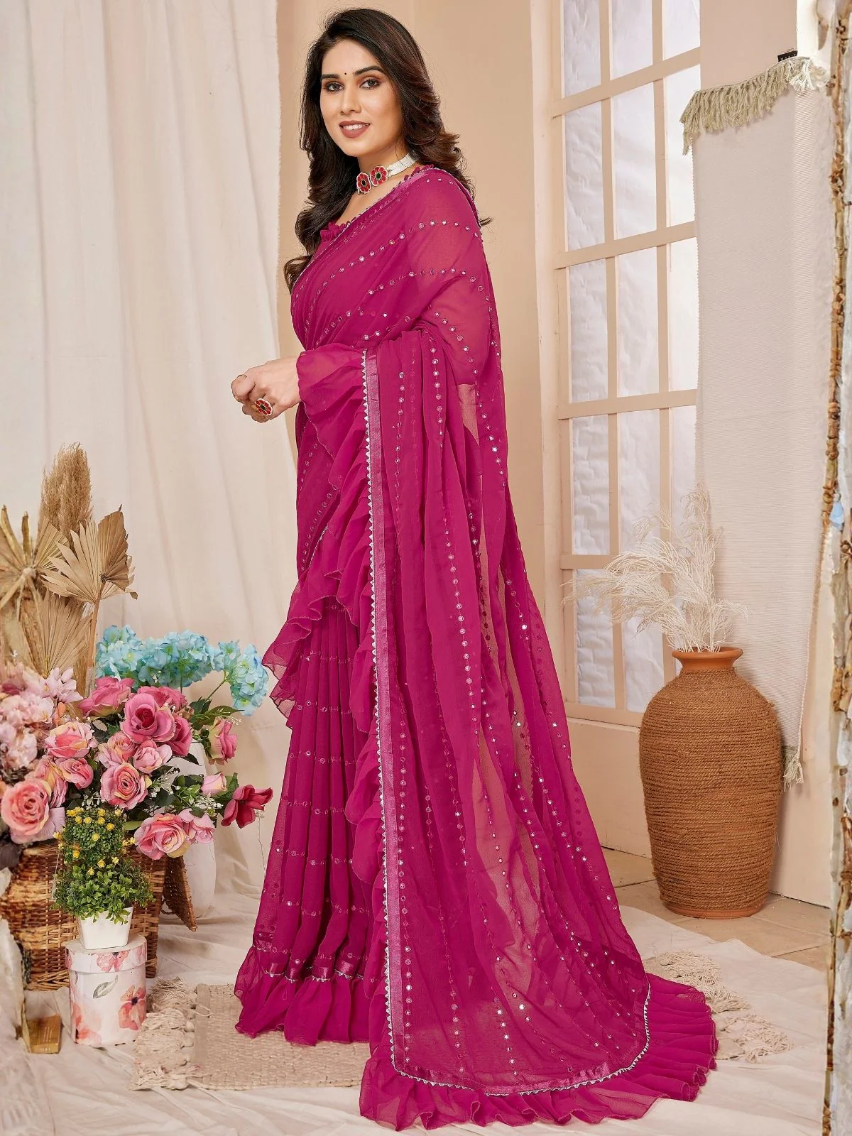 Odette Pink Georgette Embellished Saree For Women - Image 2