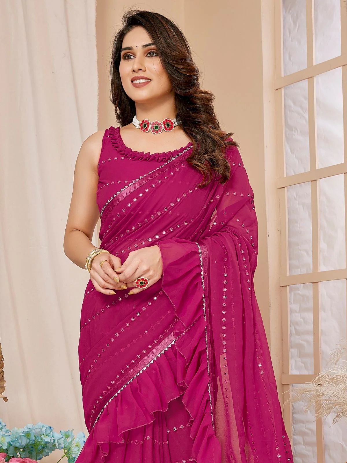 Odette Pink Georgette Embellished Saree For Women - Image 4