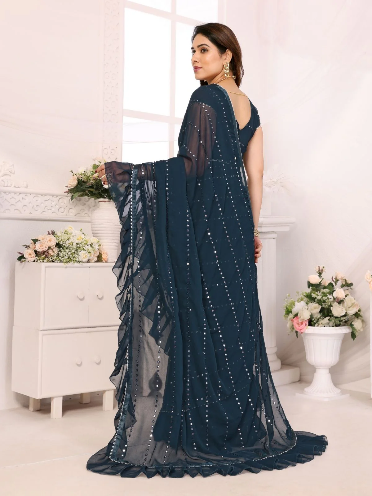 Odette Teal Blue Georgette Embellished Saree For Women - Image 3