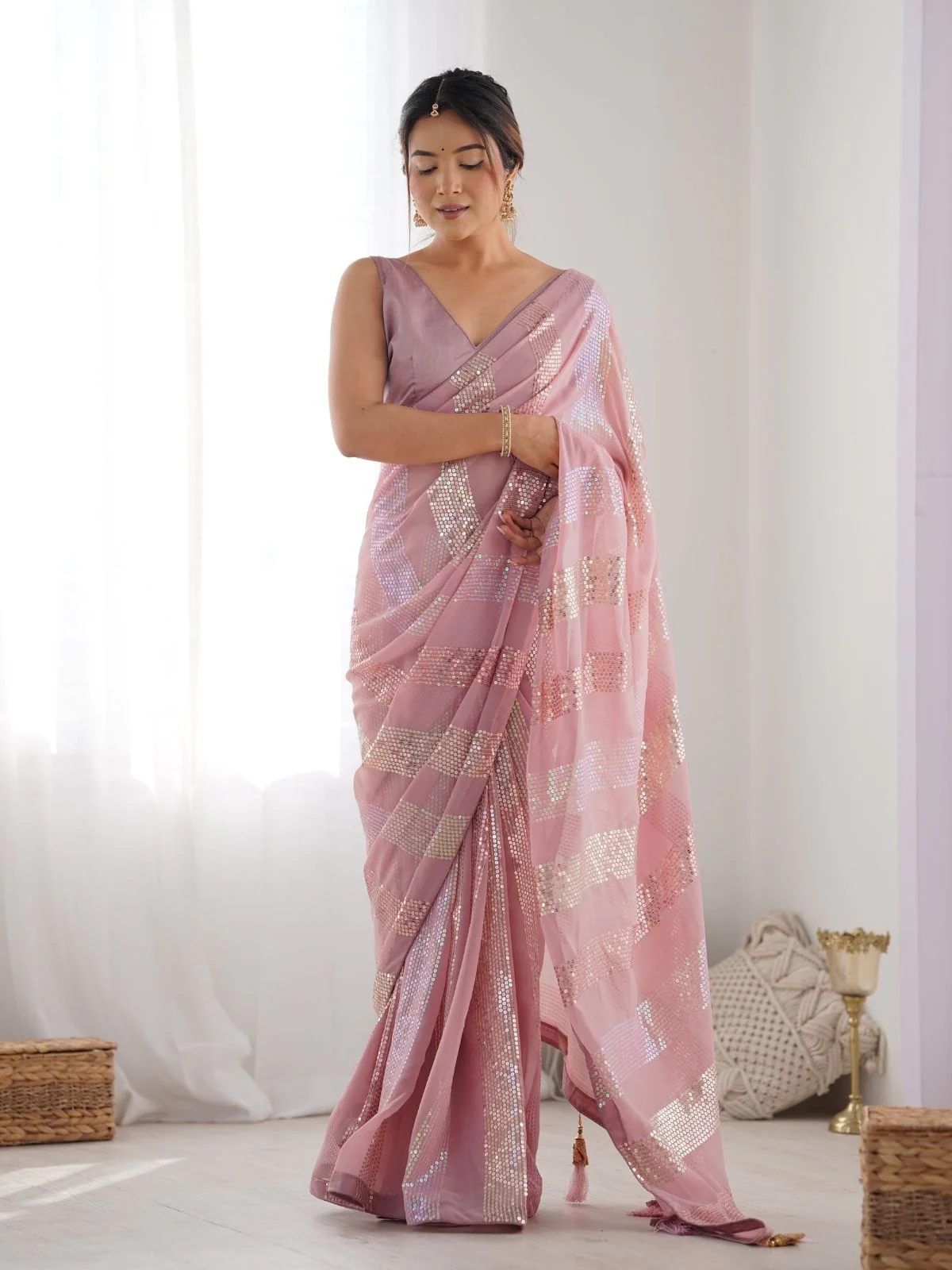 Odette Pink Georgette Embellished Saree With Unstitched Blouse For Women