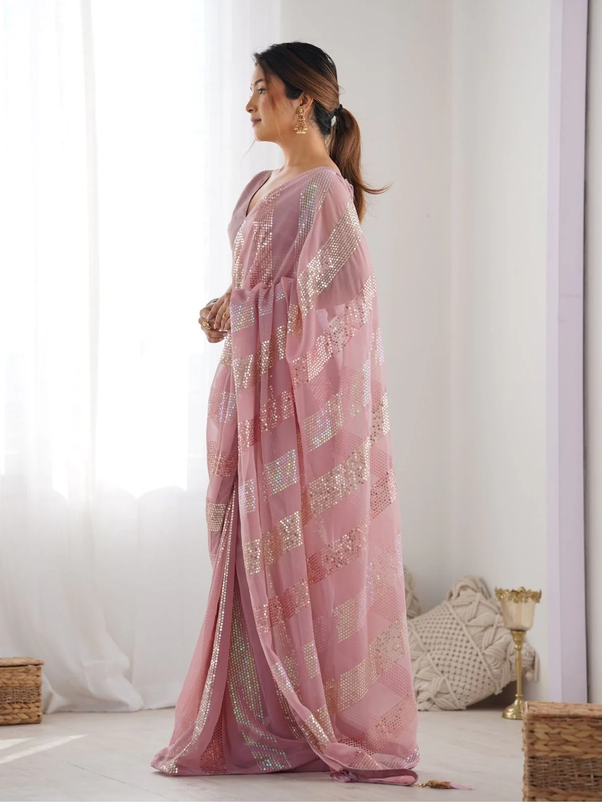 Odette Pink Georgette Embellished Saree With Unstitched Blouse For Women - Image 3