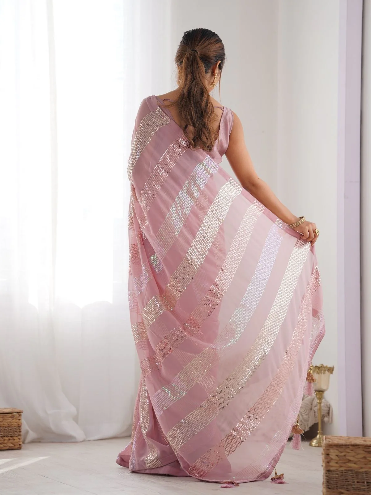 Odette Pink Georgette Embellished Saree With Unstitched Blouse For Women - Image 4